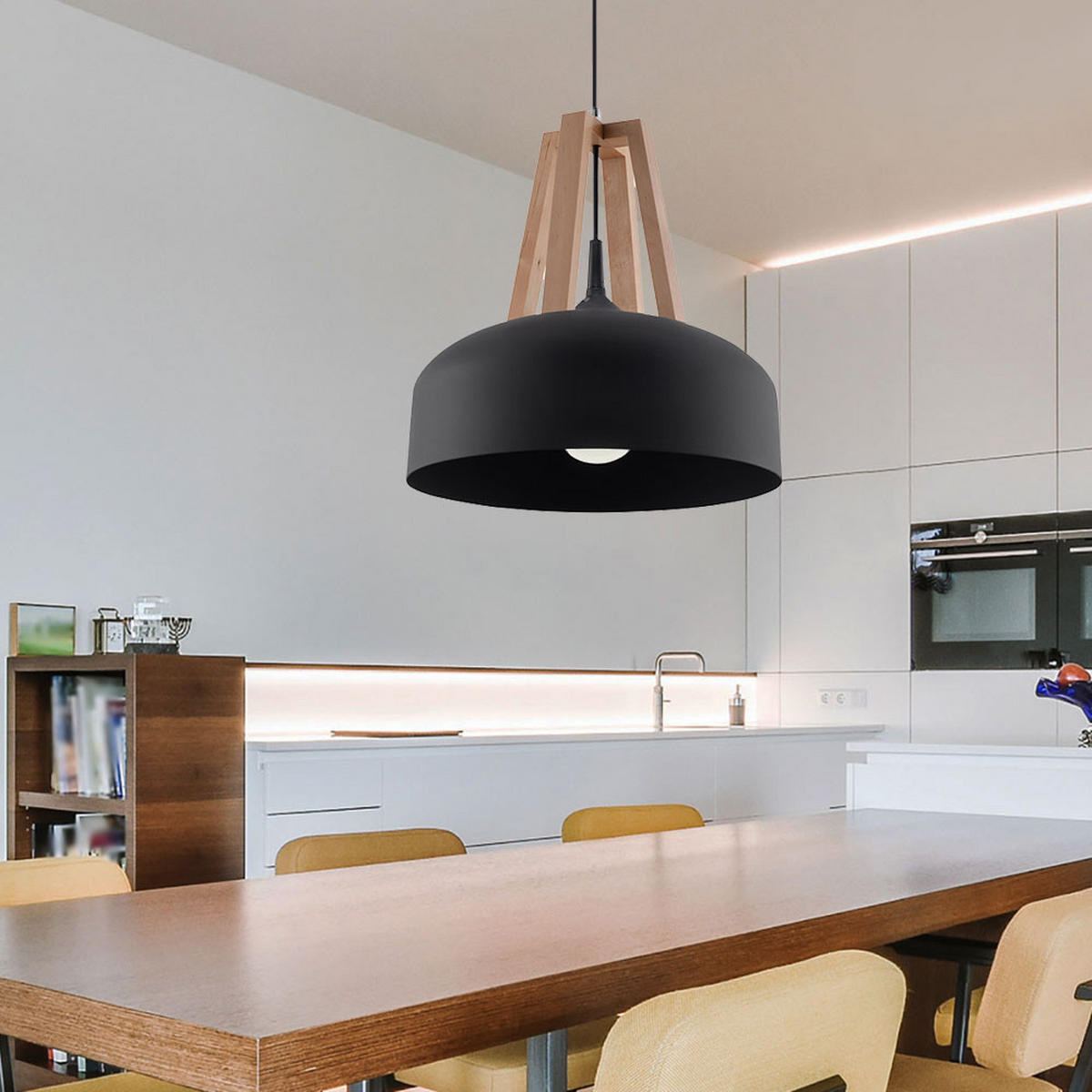 HÄNGELEUCHTE Stahl Schwarz Holz Natur - Schwarz, Holz (30/30/100cm)