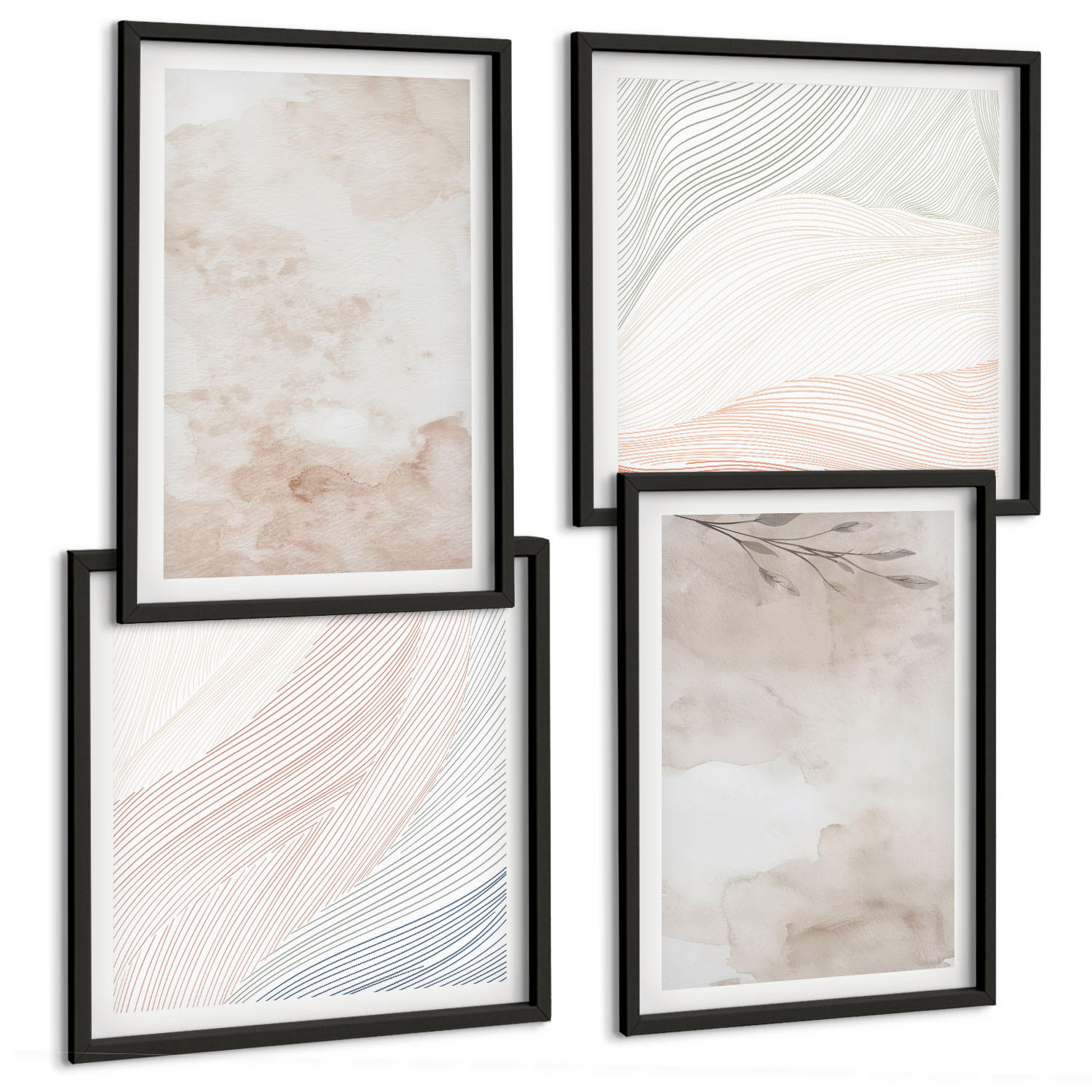 BILDER SET 4er Set - 50x50 cm & 40x60 cm Schwarzer Rahmen - Aquarellblätter in Pastellfarben - Schwarz, Kunststoff (50/50cm) - TULUP