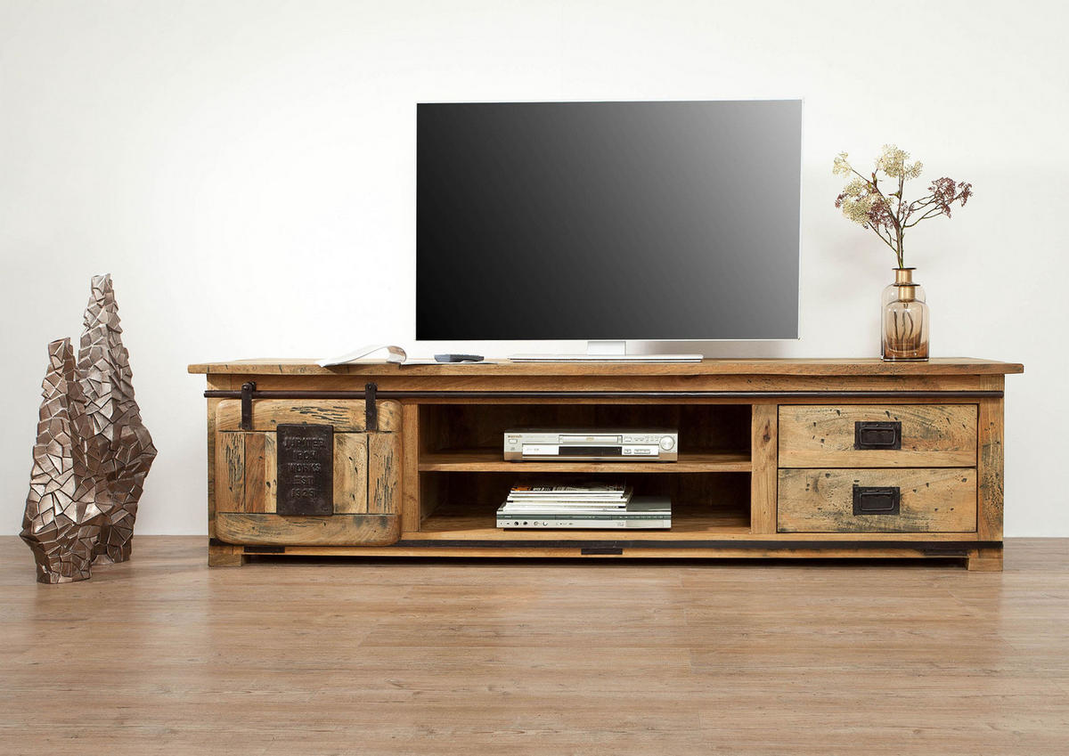 TV-BOARD Mango 200x55x50 natur lackiert RAILWAY #136 - Naturfarben, Holz (200/50/55cm) - Massivmoebel24