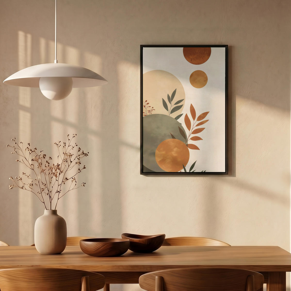 LEINWAND Bilder mit Rahmen - Formen - Rund - Blätter - Beige - 40x60 - Rostfarben, Textil (40/60cm) - MuchoWow