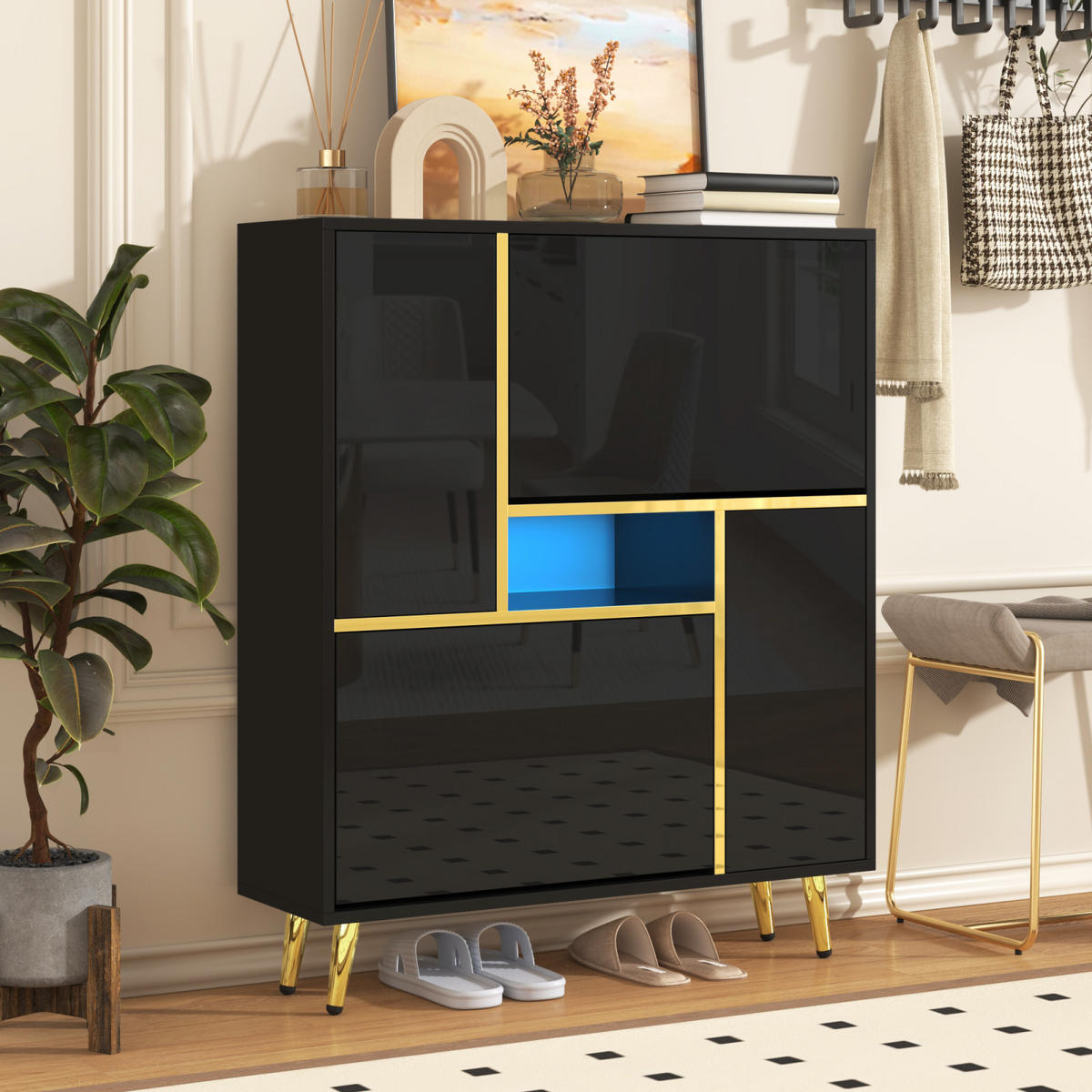 LED Schuhkommode Schwarz Hochglanz mit 2 Türen, Schuhregal 80x25x96 cm - Schwarz, Holz (80/96/25cm) - PARAFTA HOME