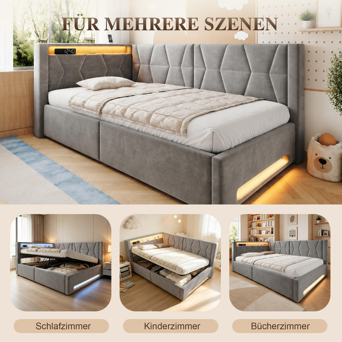 POLSTERBETT 90x200 cm in Dunkelgrau mit Bettkasten, LED-Beleuchtung, USB und Type-C - Dunkelgrau, Metall (90/200cm) - IVMEU