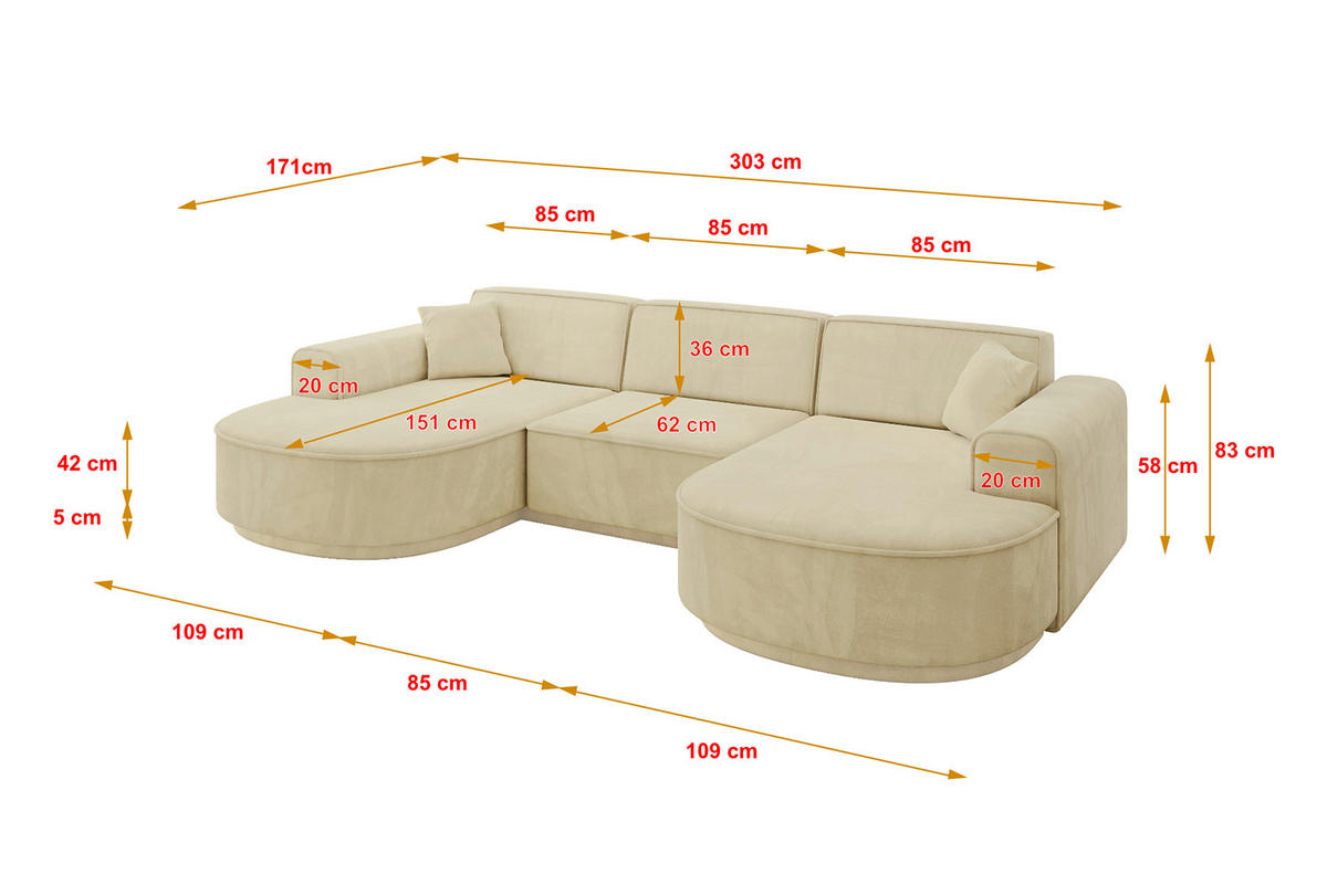 WOHNLANDSCHAFT MARI-U1-v3 - 303x171x83 cm Beige Velours - Beige/Schwarz, Holzwerkstoff/Kunststoff (303/83/171cm) - ALTDECOR