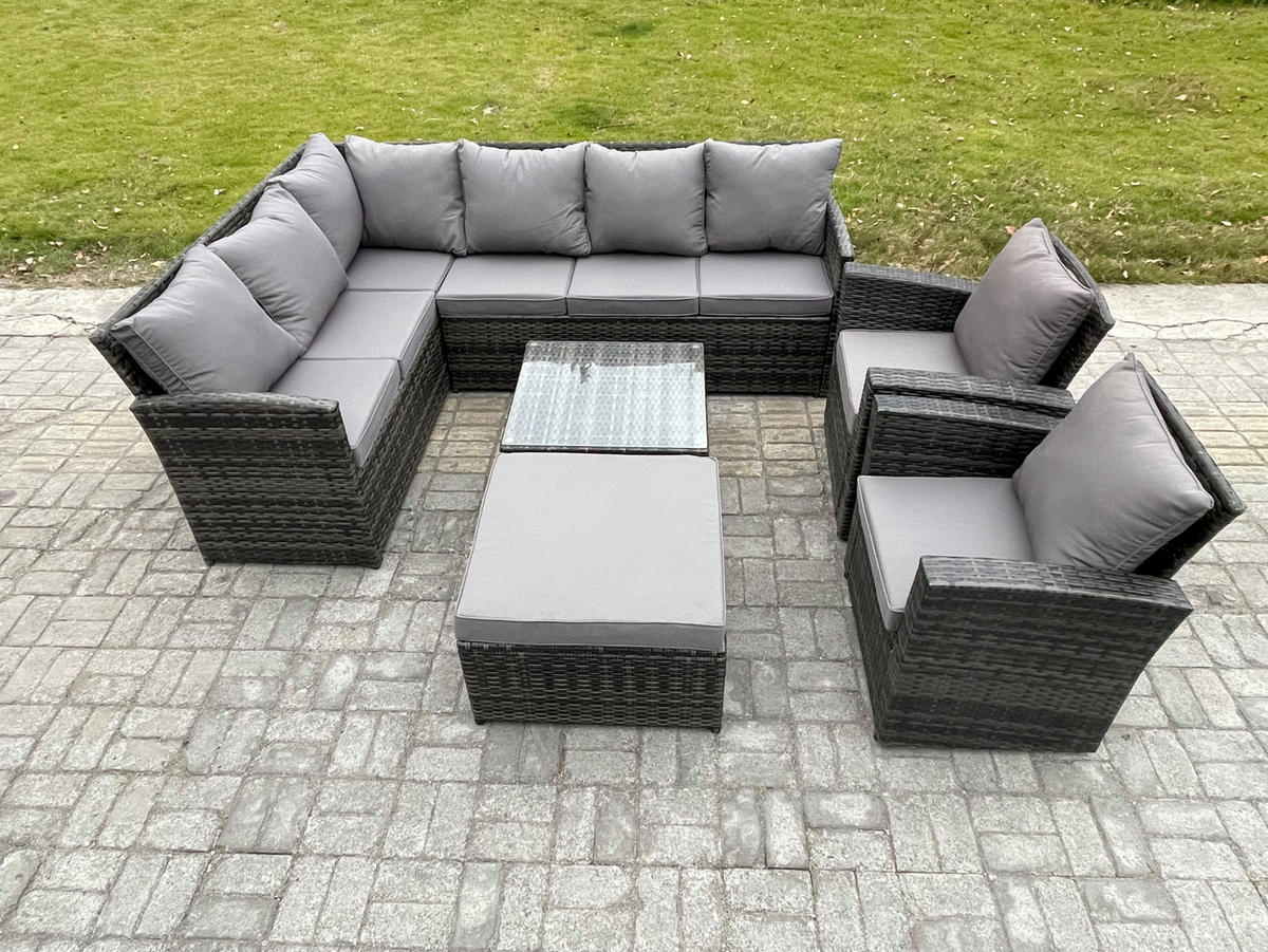 SITZGRUPPE mit Ecksofa,Quadratischer Couchtisch,Hocker,2 Stühle Polyrattan 9-Sitzer - Dunkelgrau/Grau, Glas/Kunststoff - Fimous