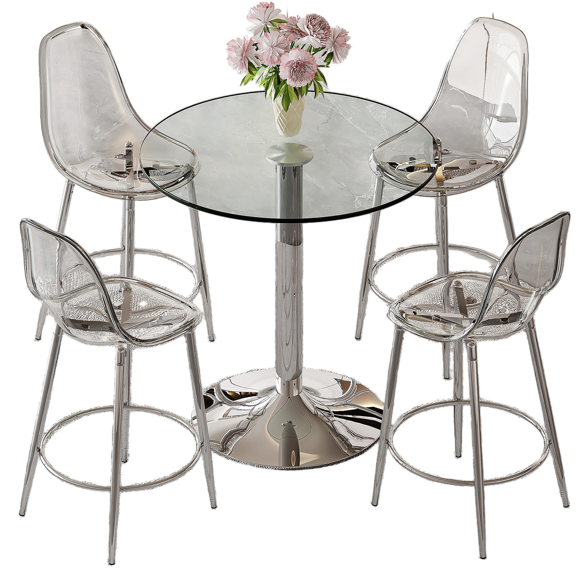BARTISCH-SET DE-39404 5-teilig, Glastisch und 4 Hocker Transparent/Silber - Silberfarben, Metall (89/92/89cm) - ComfortXL