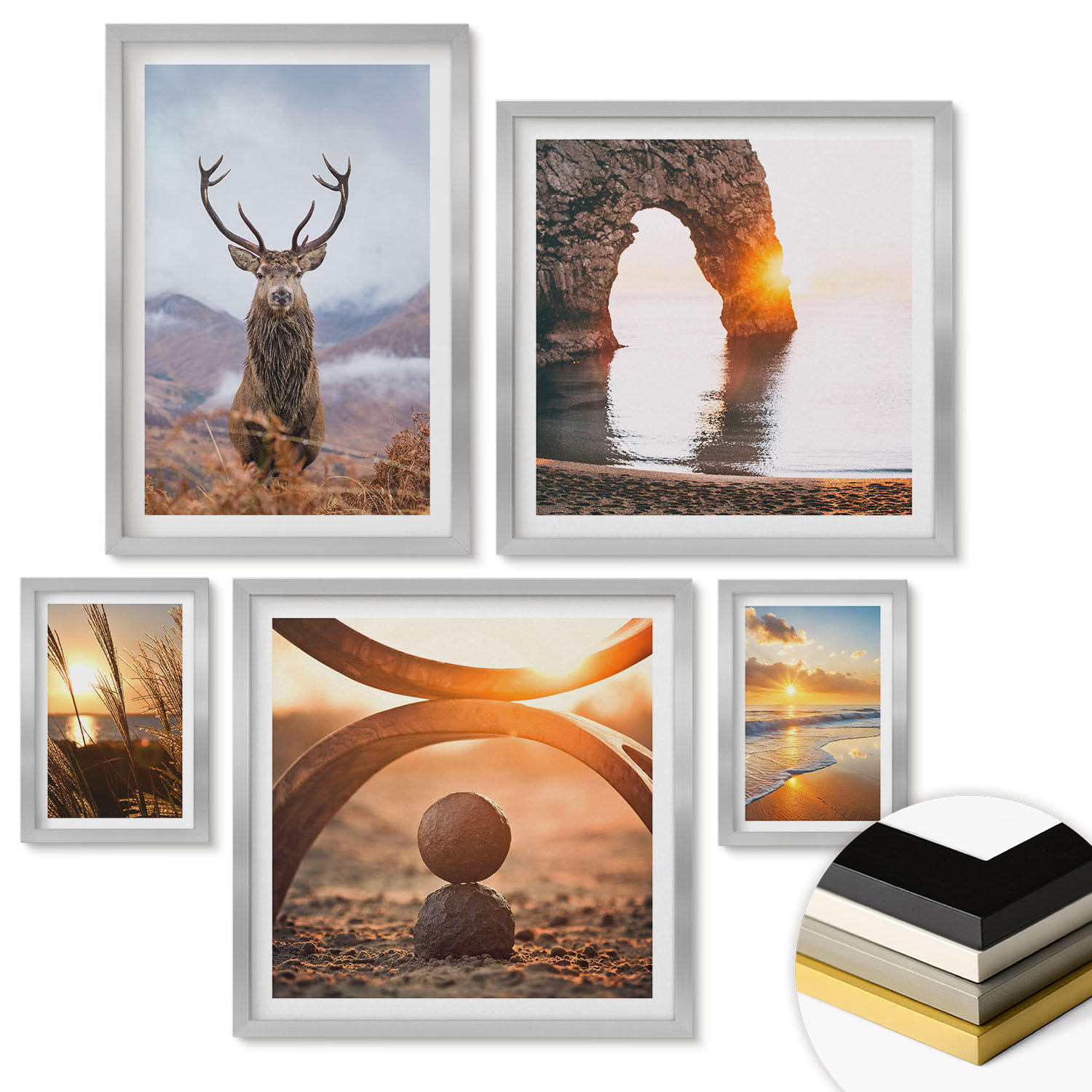 WANDBILDER 5er Set - 50x50 cm & 20x30 cm & 40x60 cm Silberner Rahmen - Blätter des Weißen Tigerwasserfalls - Silberfarben, Kunststoff (40/60cm) - ArtPrintCave