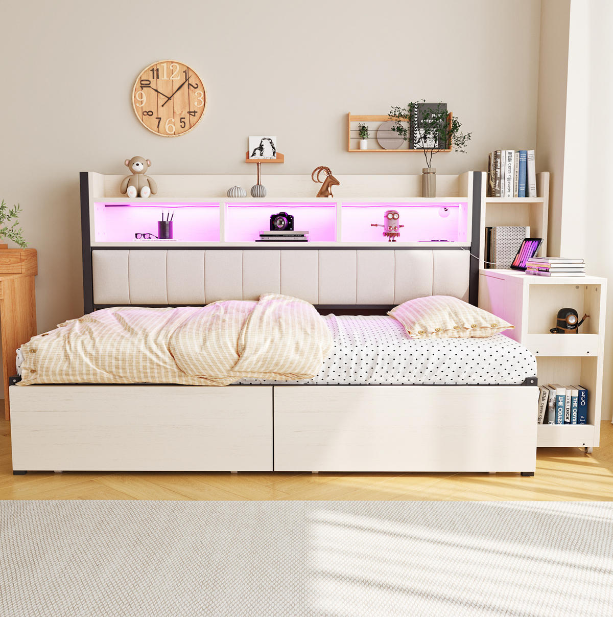 MULTIFUNKTIONSBETT aus Metall und Holz 90x200 cm Weiß mit Schubladen, Schreibtisch und Steckdosen - Weiß, Metall (90/200cm) - IVMEU