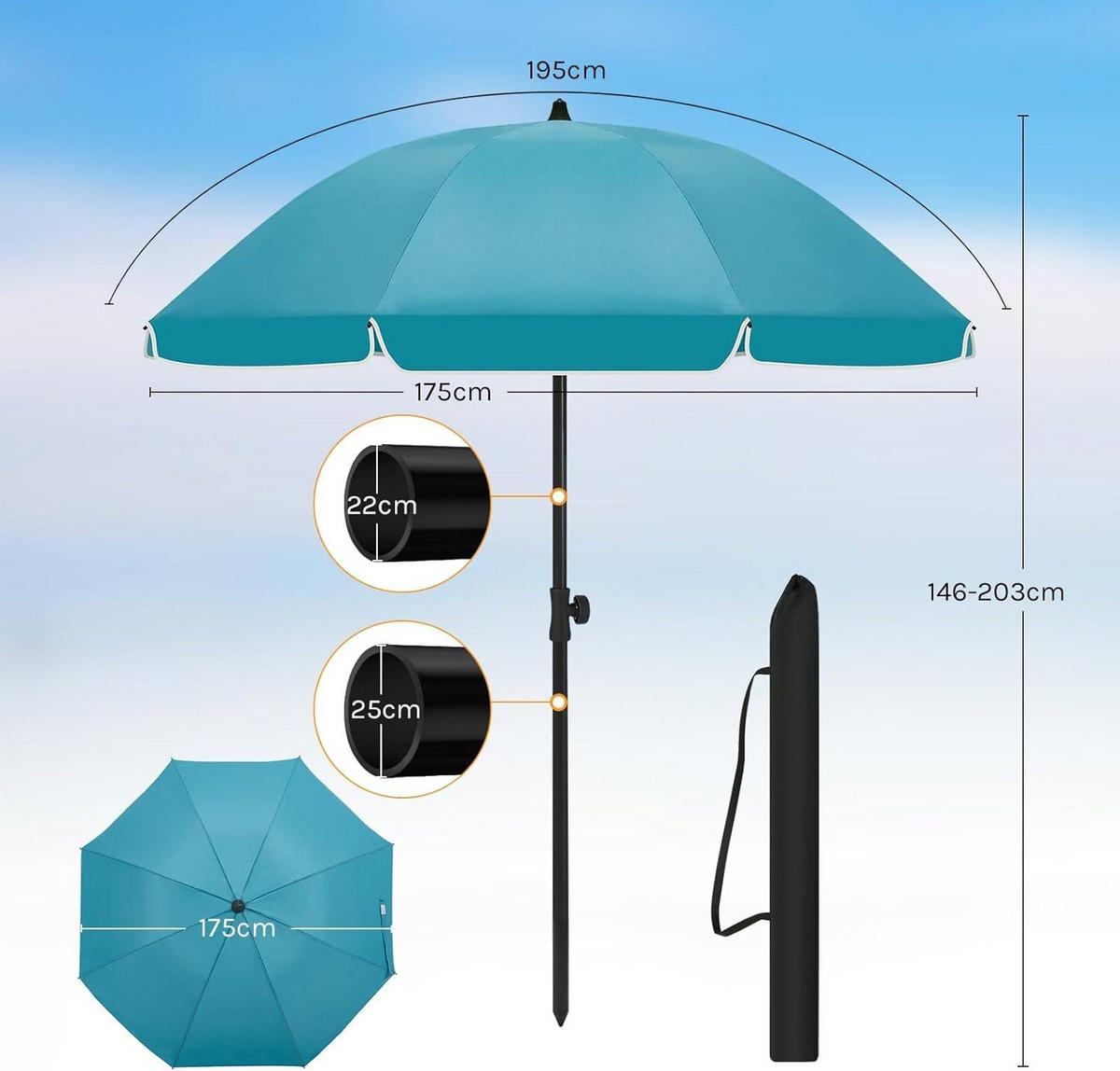 SONNENSCHIRM, Balkonschirm Strandschirm UV-beständig wasserdicht - Blau, Metall (175/175cm) - Woltu
