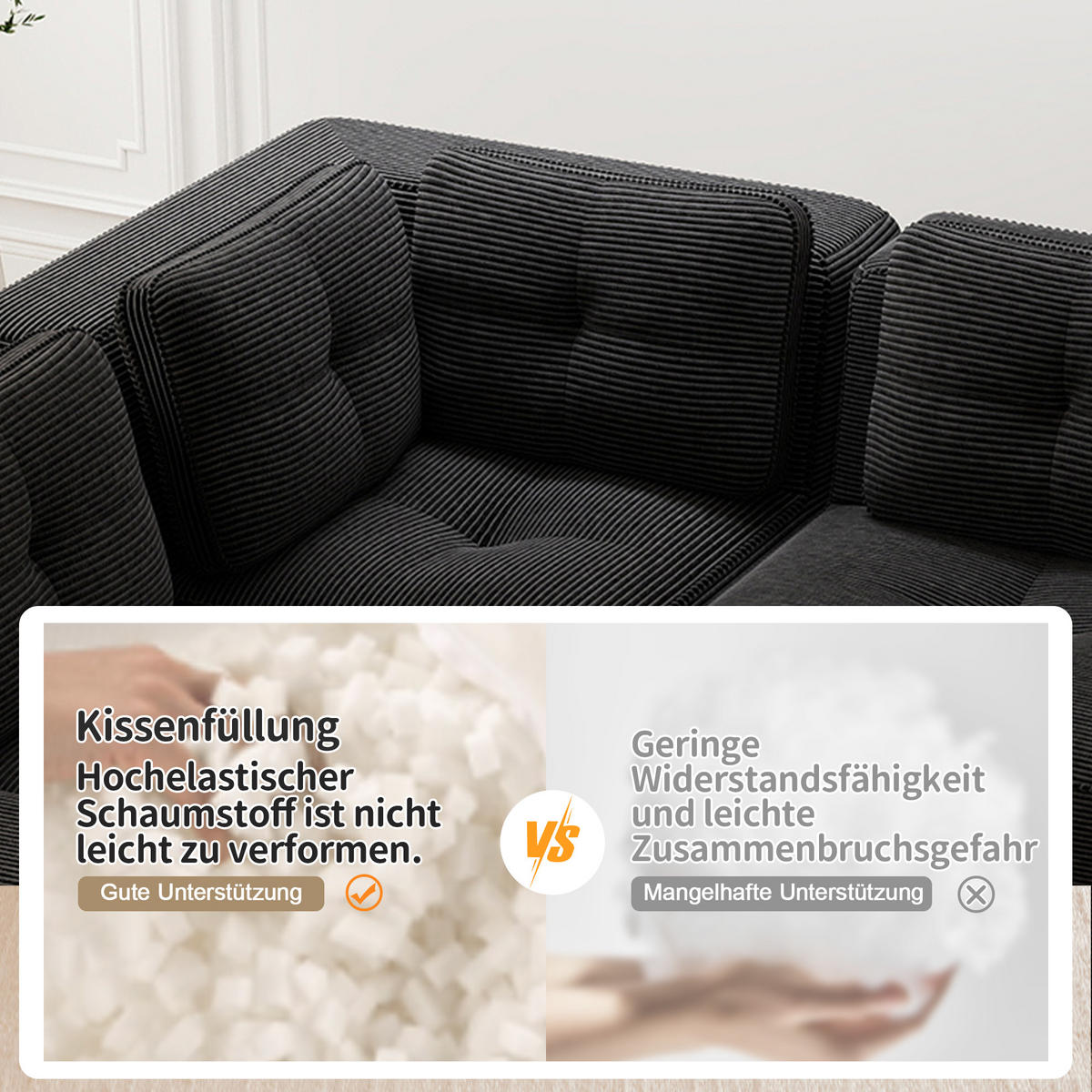 ECKSOFA Cord Schwarz mit Kissen und Hocker - Schwarz, Textil (297/177cm) - WISHDOR
