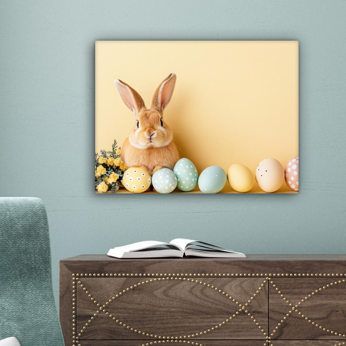 LEINWANDBILD Eier - Kaninchen - Pastellfarbtöne Wandbild 40x30 cm - Hellgelb, Textil (40/30cm) - MuchoWow