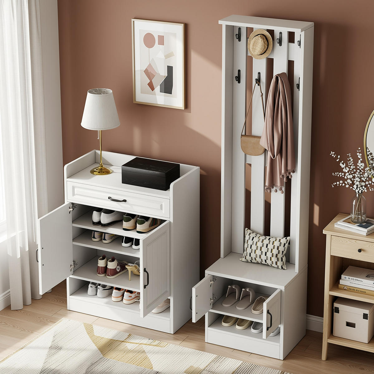 GARDEROBEN-SET in Weiß Komplett-Garderobe mit Schuhbank Schrank & Wandpaneel - Weiß, Holzwerkstoff (125/190/36cm) - Urban Meuble
