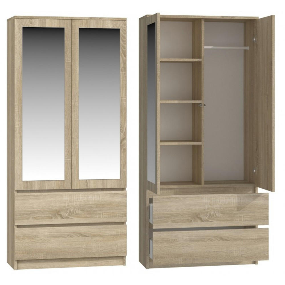 KLEIDERSCHRANK MIT 2 SPIEGELN Laminierte Spanplatte Weiß 180cm x 90cm - Sonoma Eiche, Holzwerkstoff (90/30/180cm) - Ibonto
