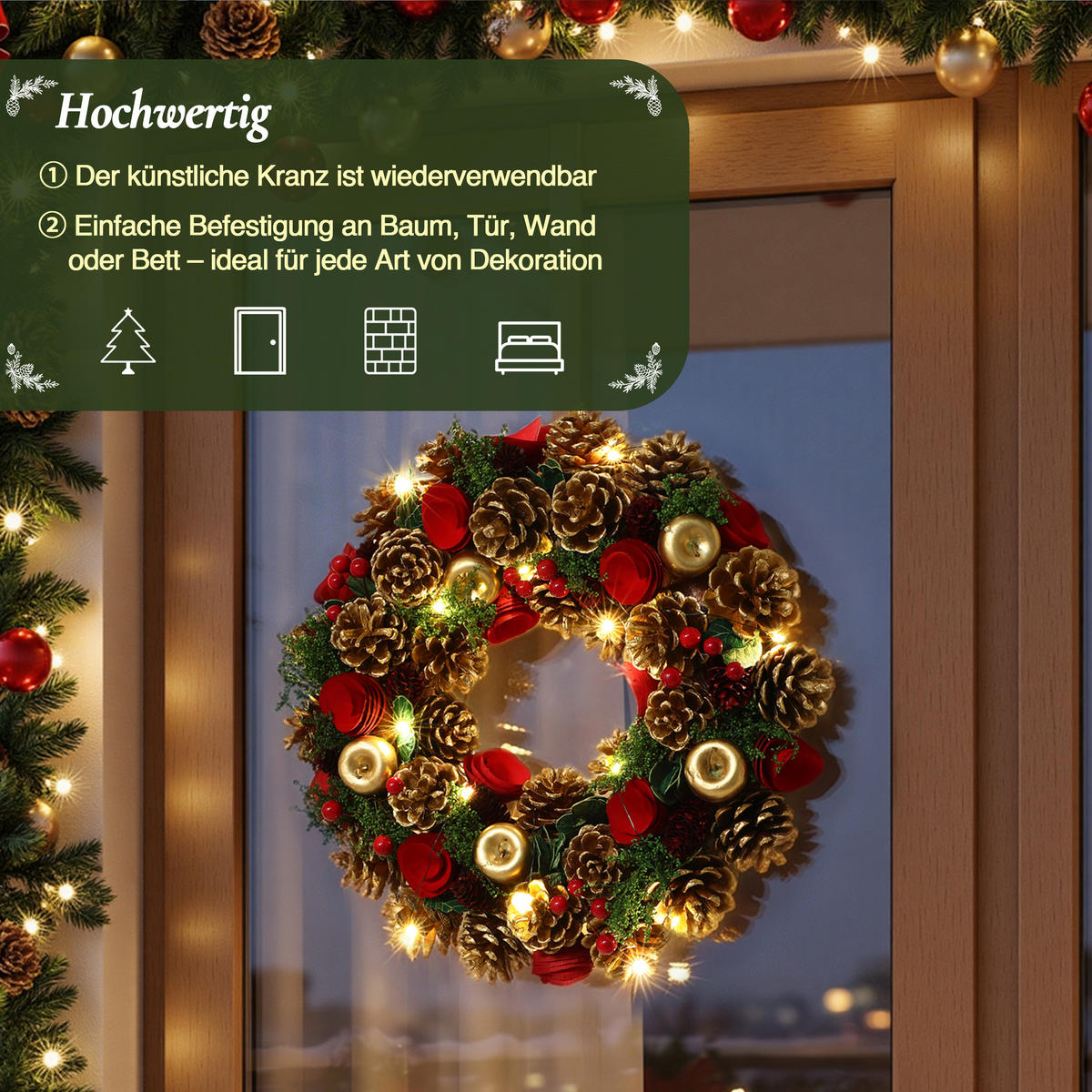WEIHNACHTSKRANZ mit 15 LEDs, Timer, Zapfen & Blüten - Dunkelgrün, Naturmaterialien (34cm) - Hometopia