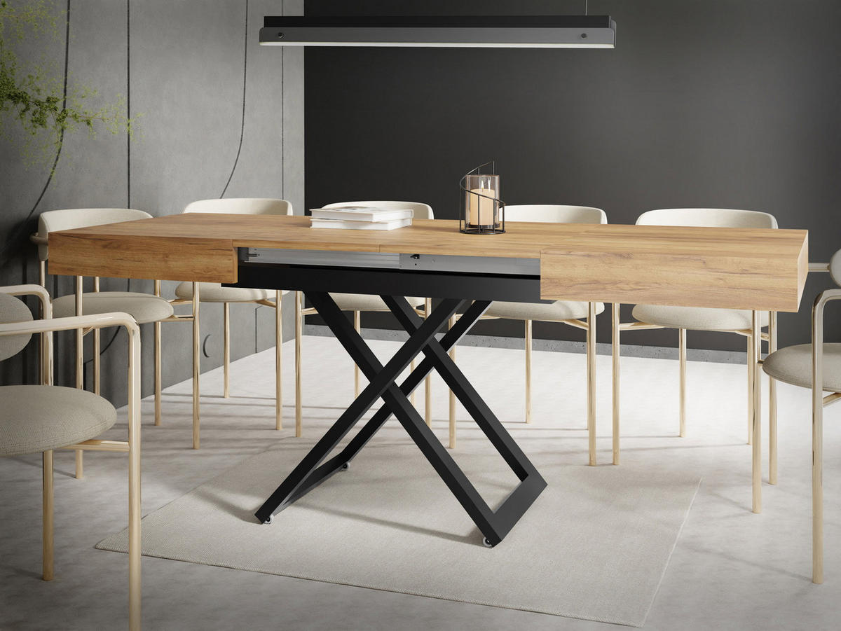 KONFERENČNÍ stolek Cavetta U, výškově nastavitelný a rozkládací, dub Craft 120-200/80/27-76 cm - černá/dub Wotan, kov/kompozitní dřevo (80/200/76cm) - WFL GROUP