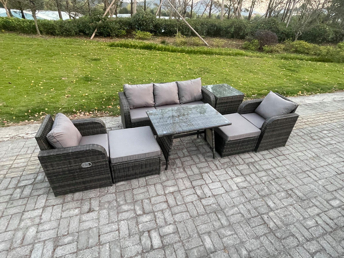 GARTENMÖBEL SET mit COUCHTISCH Polyrattan Dunkelgrau 6-Sitzer - Dunkelgrau/Grau, Glas/Kunststoff - Fimous