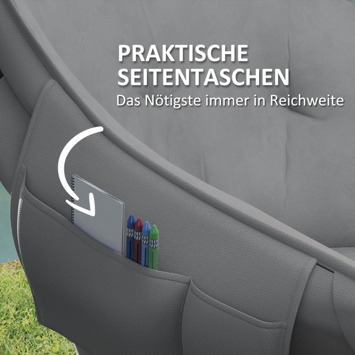 CAMPINGSTUHL klappbar gepolstert Seitentasche - Dunkelgrau, Leder (90/100/63cm) - LEBENLANG