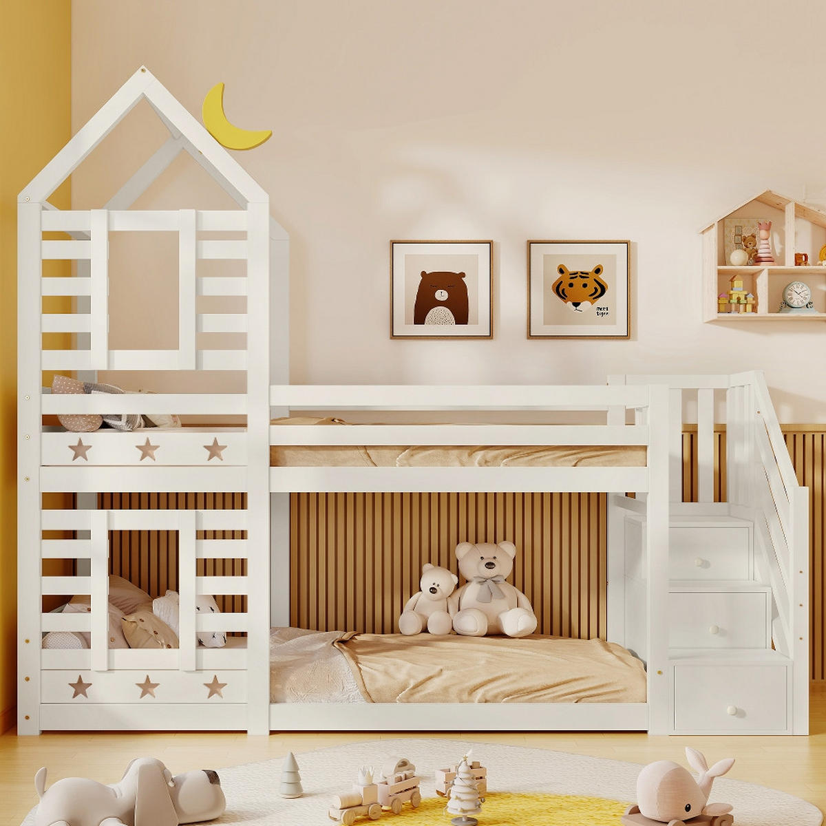 HOCHBETT BAUMHAUS mit Schubladen, Rausfallschutz, Treppe, Kiefer Massivholz, Weiß, 96/257/217 cm - Weiß, Holz (90/200cm) - Rolipo