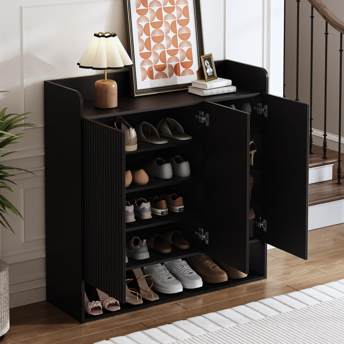 SCHUHSCHRANK 110/35,5/110 cm mit Ganzkörperspiegel, verstellbaren Böden und MDF-Holzwerkstoff, Schwarz - Schwarz, Holzwerkstoff (110/110/35.5cm) - Redom