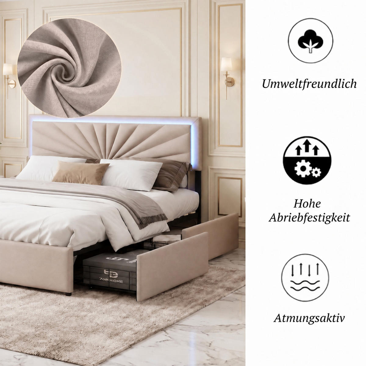 POLSTERBETT 160x200 cm mit Stauraum, Doppelbett 160 x 200 mit LED-Beleuchtung, 4 Schubladen, Lattenrost, beige Leinenstoff - Beige, Holz/Holzwerkstoff (160/200cm) - GENKI LIVING