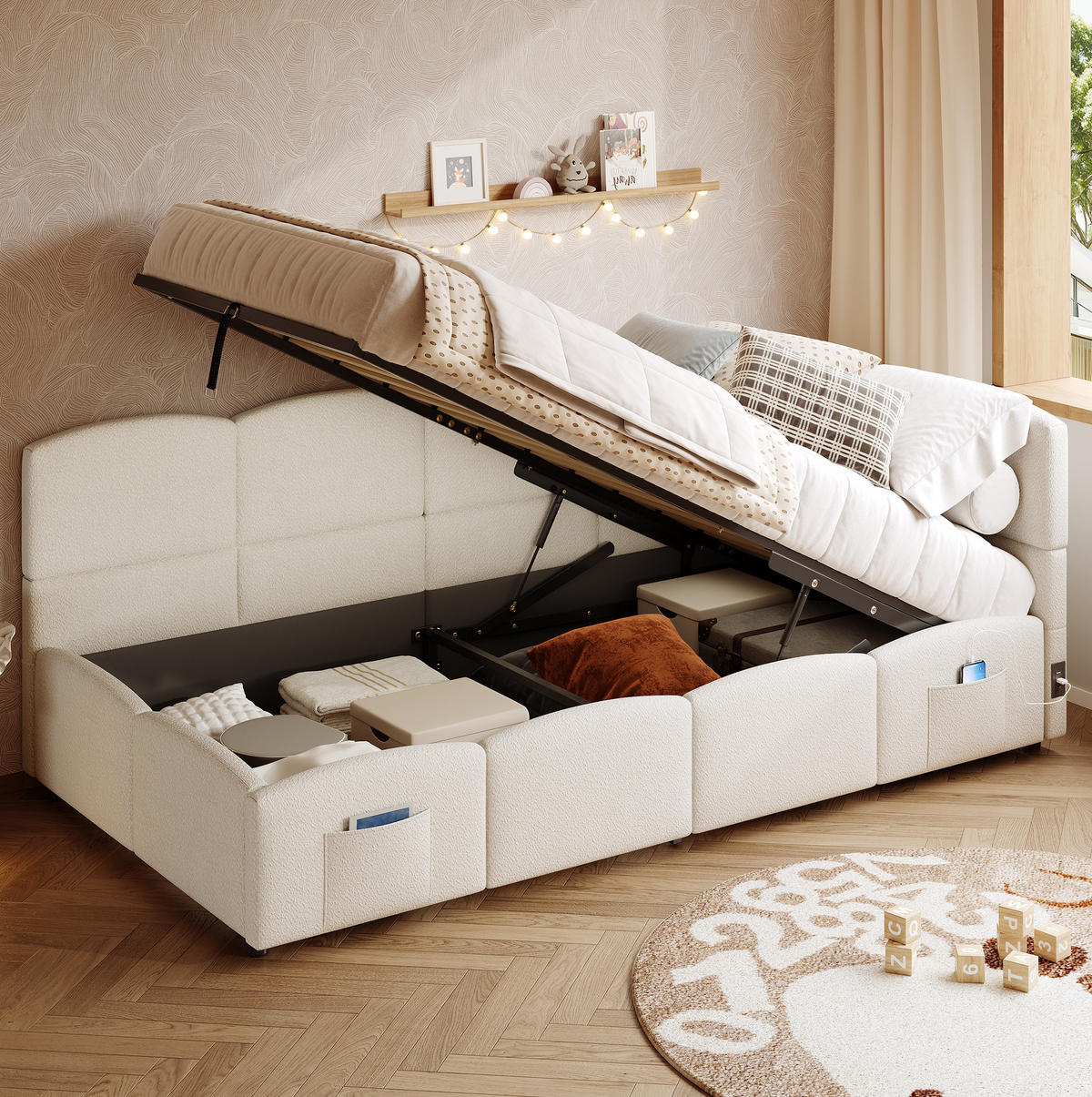SCHLAFSOFA aus Bouclé-Stoff 90x200 cm Beige mit hydraulischem Stauraum und USB-Anschlüssen - Beige, Textil (90/200cm) - IVMEU