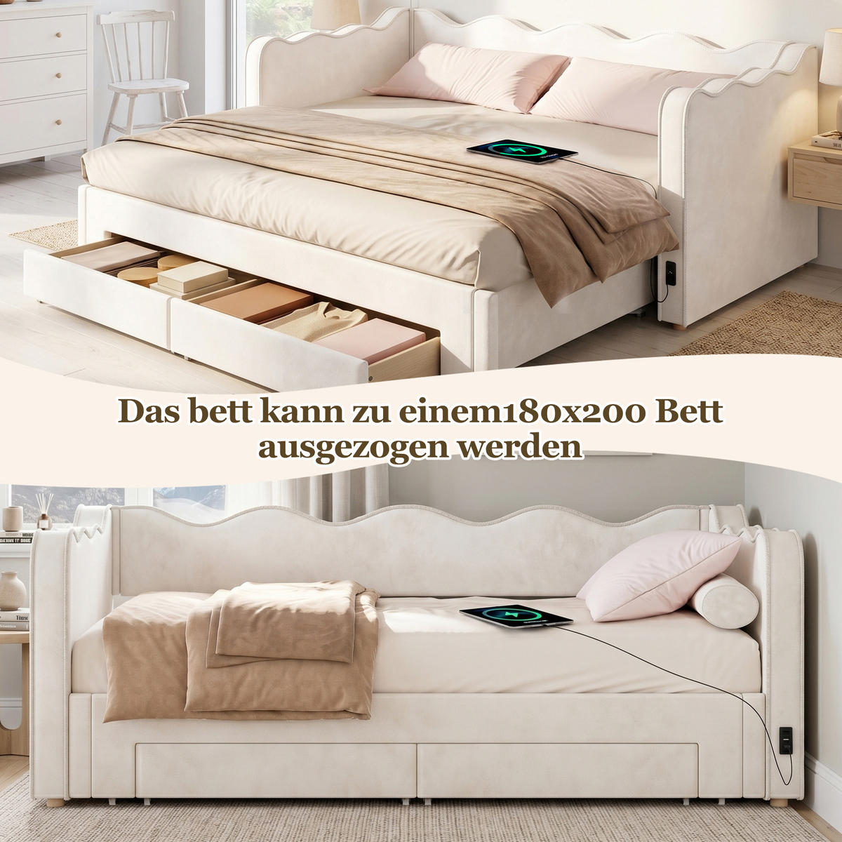 POLSTERBETT 90x200cm Ausziehbar Stauraum USB Samt Beige - Beige, Textil - FLIEKS