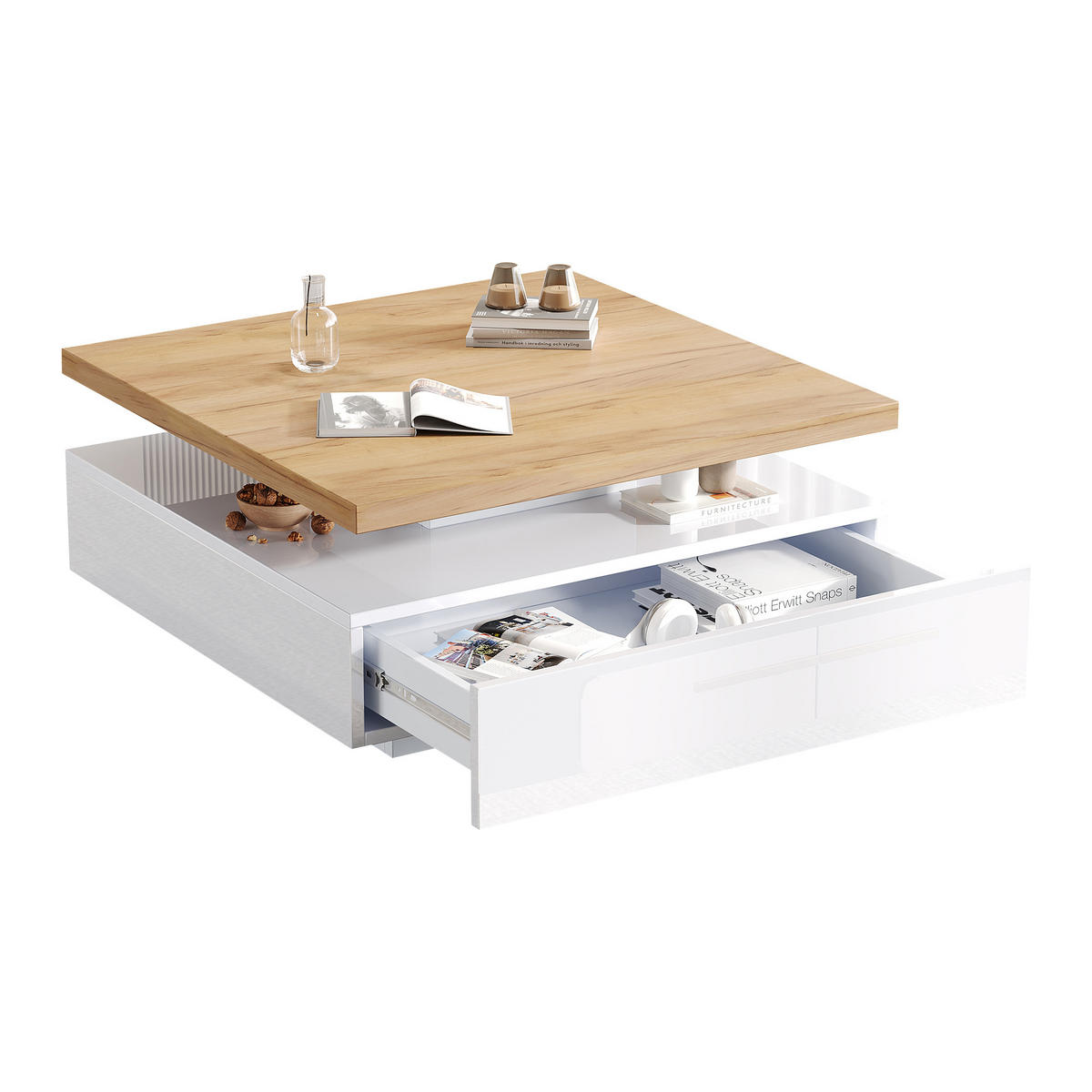 COUCHTISCH 360° drehbares Design mit Stauraum Walnuss/Weiß Hochglanz robuster Spanplatte versteckte Schublade - Walnussfarben/Weiß, Holzwerkstoff (70/70/36cm) - EVRYAE