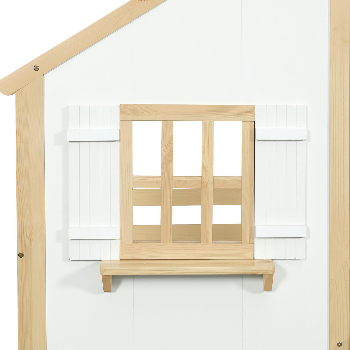 ETAGENBETT 90/200 cm in Weiß & Natur Kinderbett mit Sicherheitsgeländer und Schrägleiter, mit Dach und Fenstern - Weiß/Naturfarben, Holzwerkstoff (90/200cm) - STILVORA