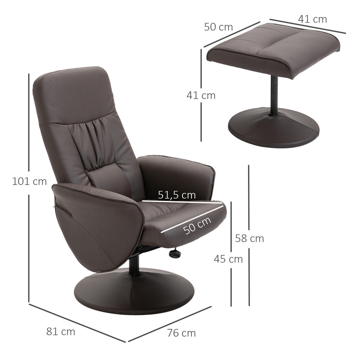 RELAXSESSEL mit Hocker, Fernsehsessel, TV Sessel mit Liegefunktion, Kunstleder - Braun, Metall (76/101/81cm) - HOMCOM