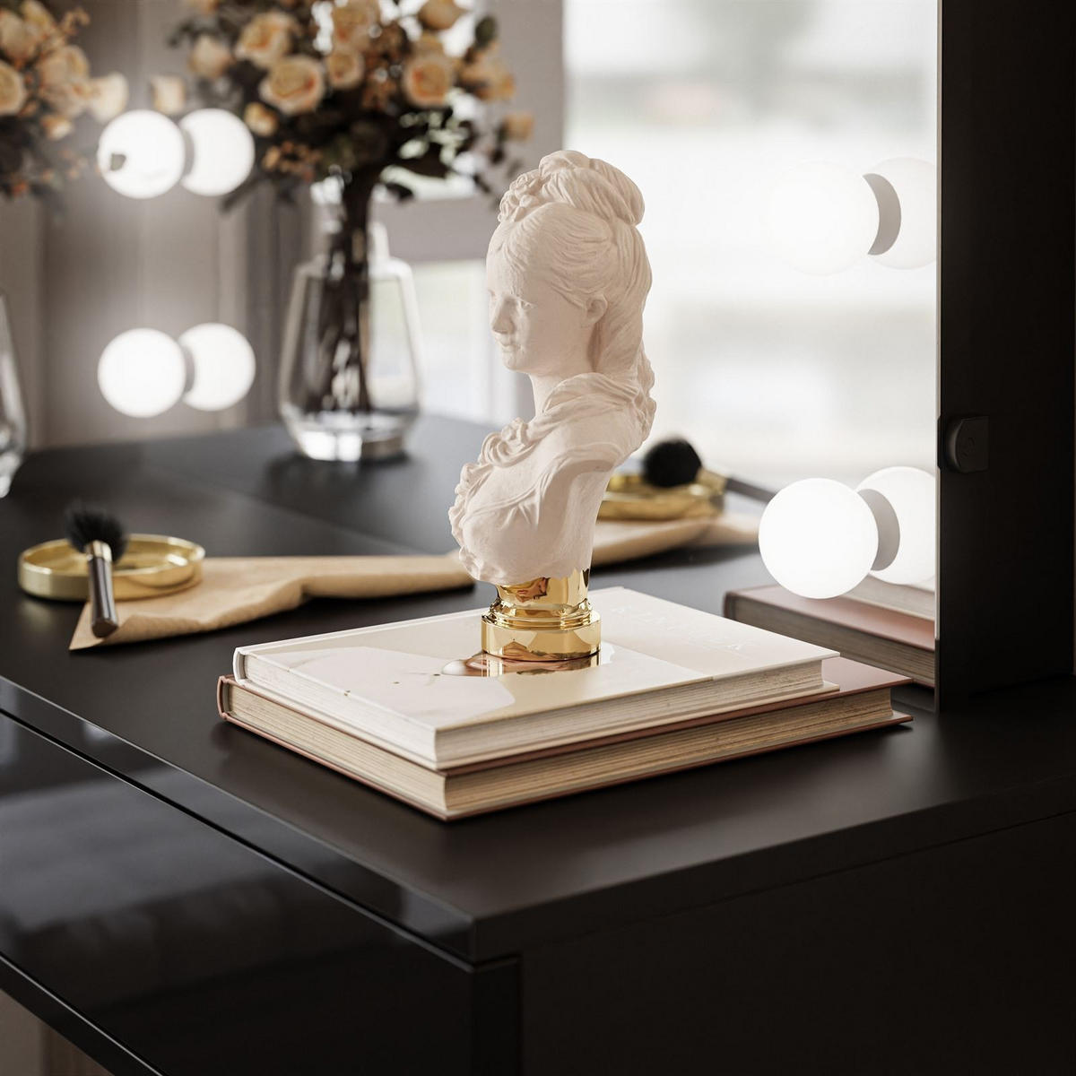 SCHMINKTISCH SIENNA LOFT ELITE mit Spiegel PUSH OPEN - Schwarz Hochglanz/Schwarz, Holzwerkstoff (100/81/42cm)