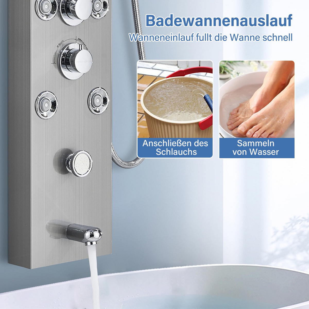 ÜBERKOPFBRAUSESET Edelstahl gebürstet Hydromassage 8 Jets Temperaturanzeige - Silberfarben, Metall (20/122/46cm) - Kaket