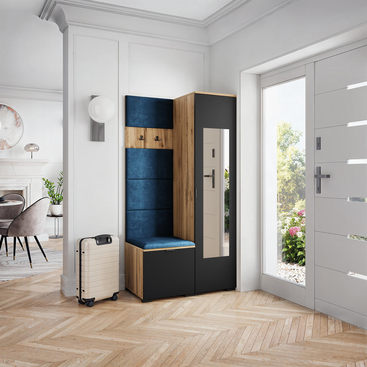 GARDEROBENSCHRANK VIRA 95/181/51 cm Modern Garderobe-Set Eiche Wotan - Blau/Eiche Wotan, Holzwerkstoff (95/181/51cm) - MASSENO