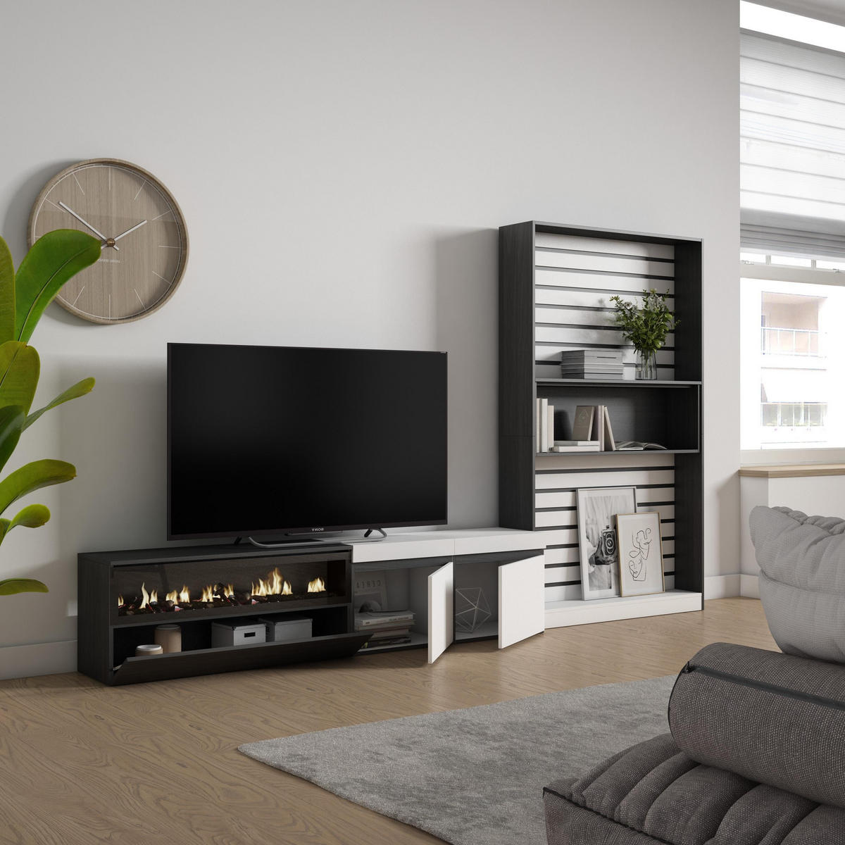 WOHNWAND Wohnzimmer, weiß und schwarz, Elektrokamin,, 310/35/186cm - Schwarz/Weiß, Holzwerkstoff (310/186/35cm) - Skraut Home