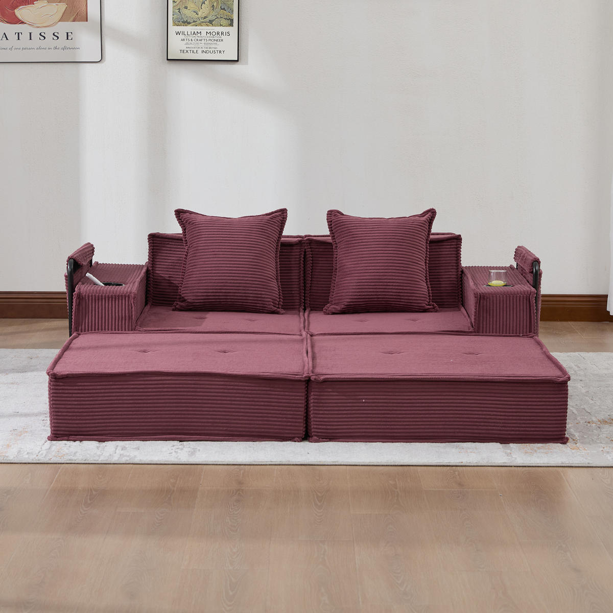 SCHLAFSOFA 162/78/66 cm Weinrot Cord mit seitlichem Stauraum und Getränkehaltern - Weinrot, Textil (162/66/78cm) - Oxeza