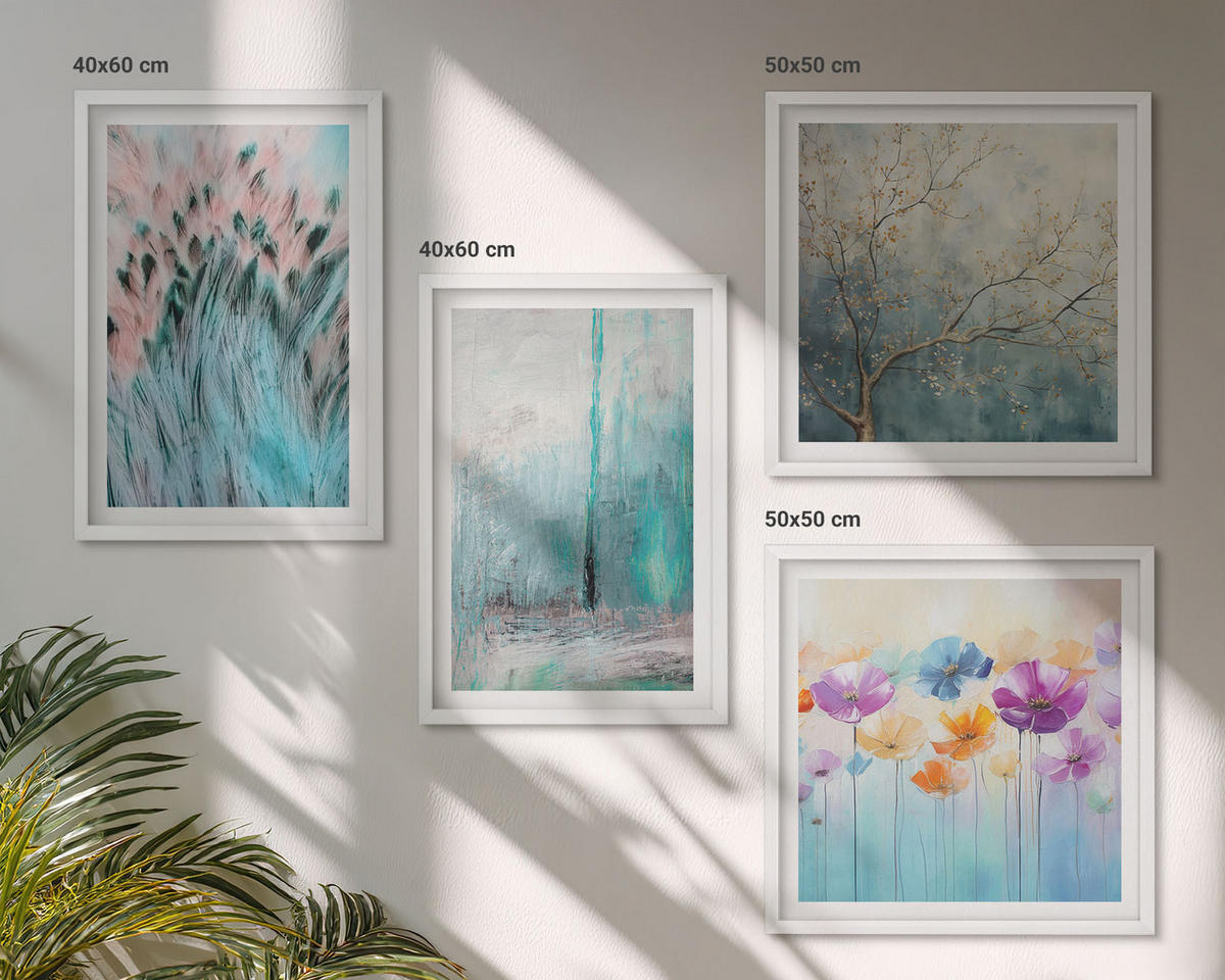 BILDER SET 4er Set - 50x50 cm & 40x60 cm Weißer Rahmen - Hintergrundmuster mit Pastellblumen - Weiß, Kunststoff (50/50cm) - TULUP