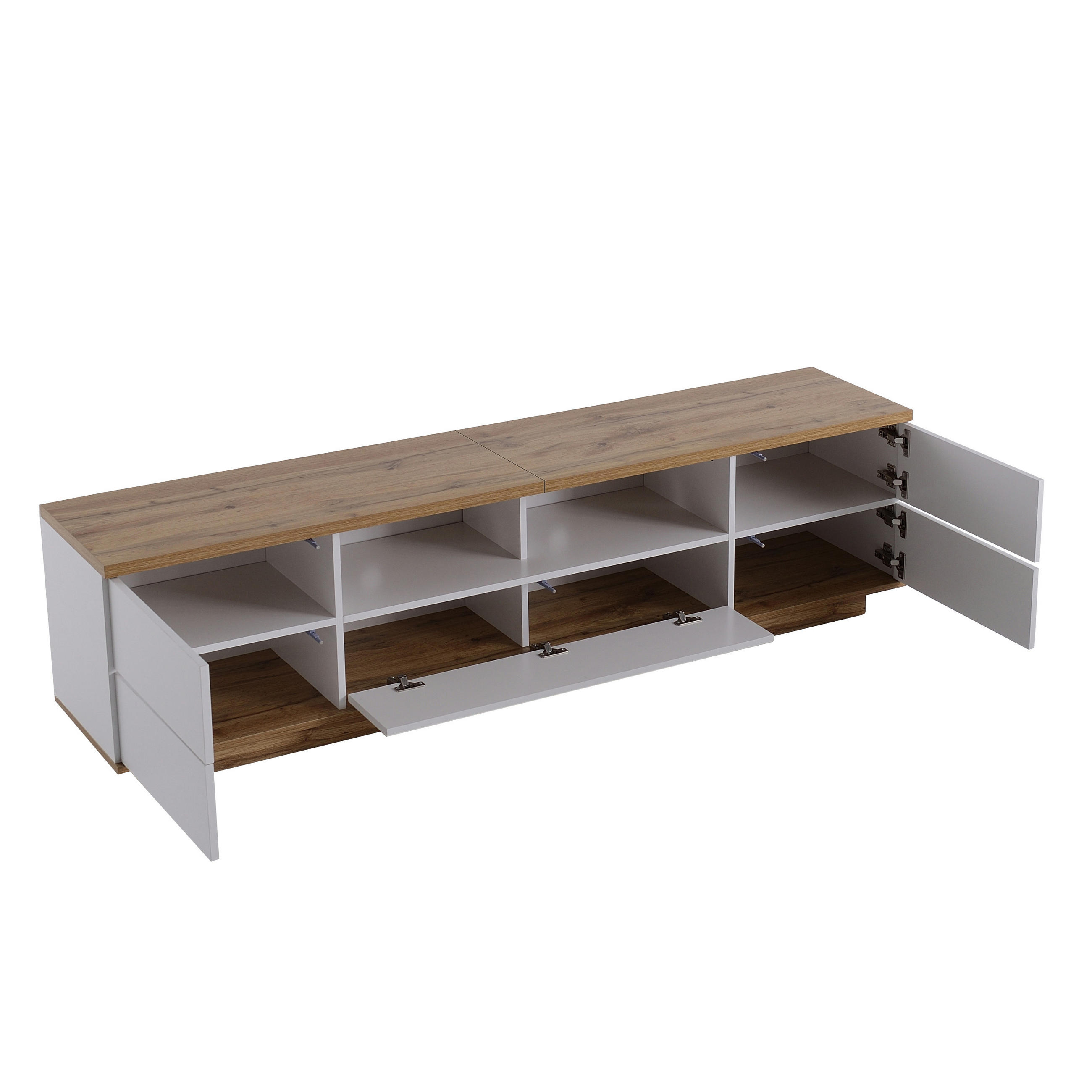 LOWBOARD modernes Design Hochglanz Weiß Holz 5 Türen 180/38/46 cm bis 65 Zoll MDF - Weiß, Glas/Holzwerkstoff (180/46/38cm) - EVRYAE