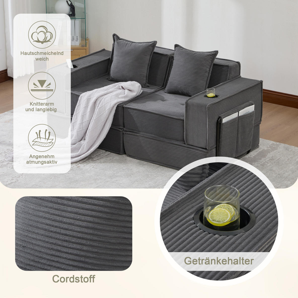 2-SITZER-SOFA 162/78/66 cm mit 2 Kissen, Seitentaschen und modularem Cord-Design, Dunkelgrau - Dunkelgrau, Textil (162/66/78cm) - Redom