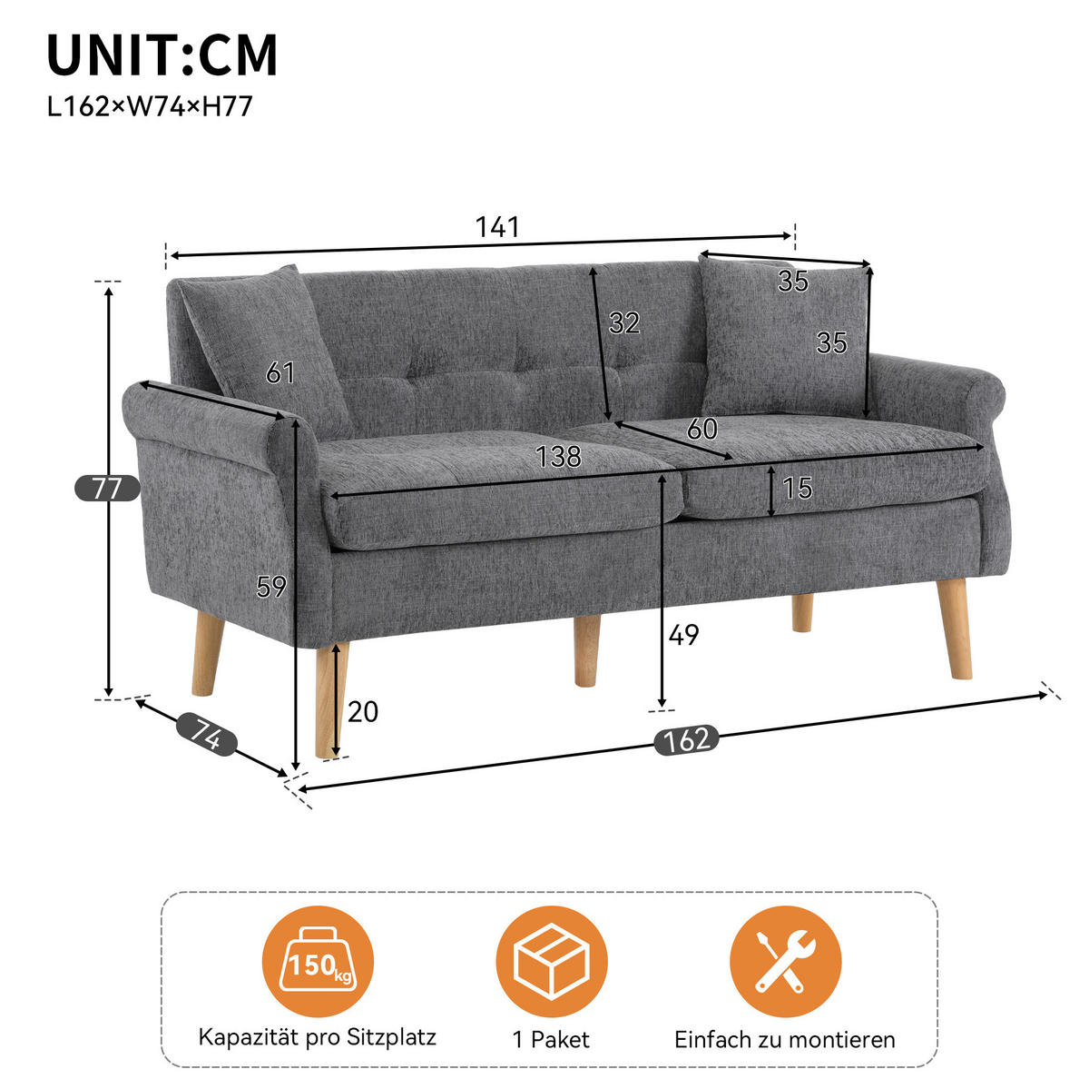 SOFA 2-Sitzer 162 x 74 x 77 cm Chenille Gray - Grau, Kunststoff (162/77/74cm) - Meubliv