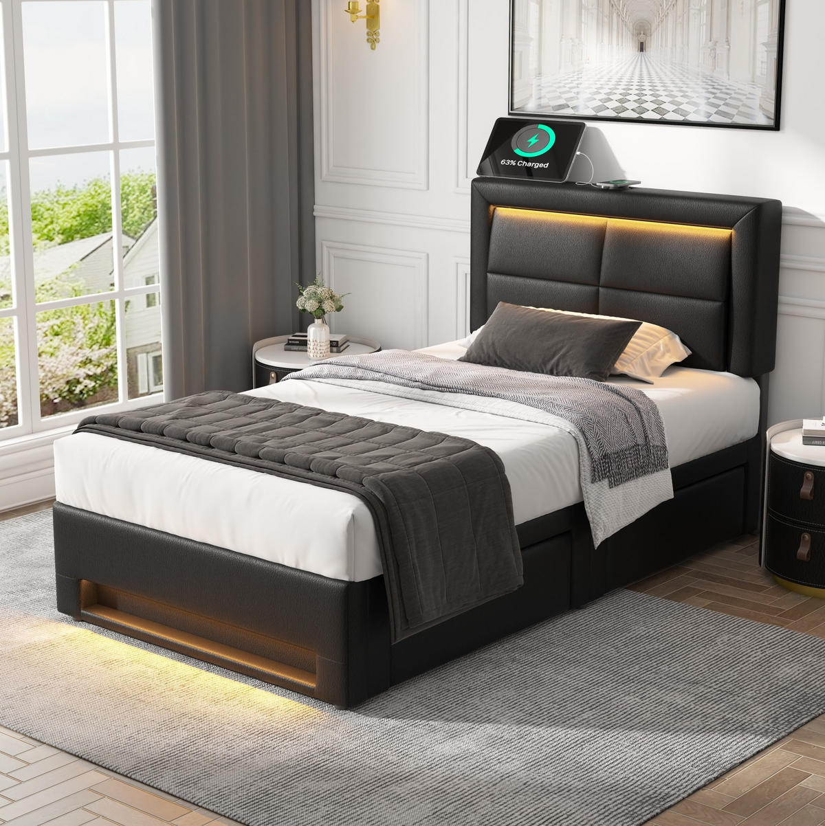 POLSTERBETT mit USB, LED und 4 Schubladen 90x200 cm PU Schwarz - Schwarz, Metall (90/200cm) - Meubliv