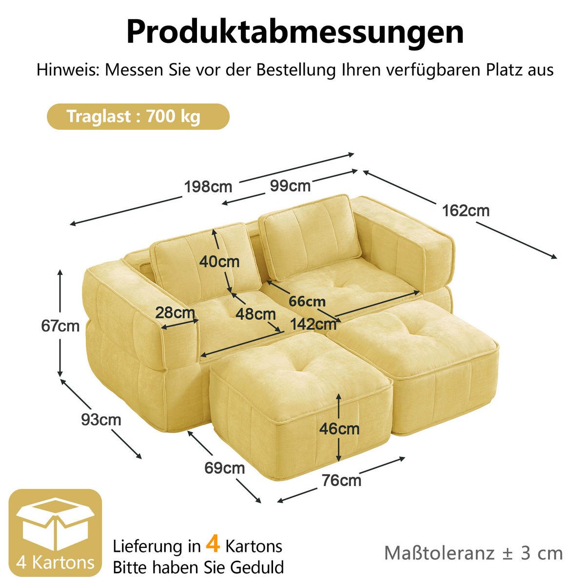 SOFA 198/162/67 cm in Gelb mit Hockern und tiefer Sitzfläche - Gelb, Kunststoff (162/67/198cm) - Flora Grace