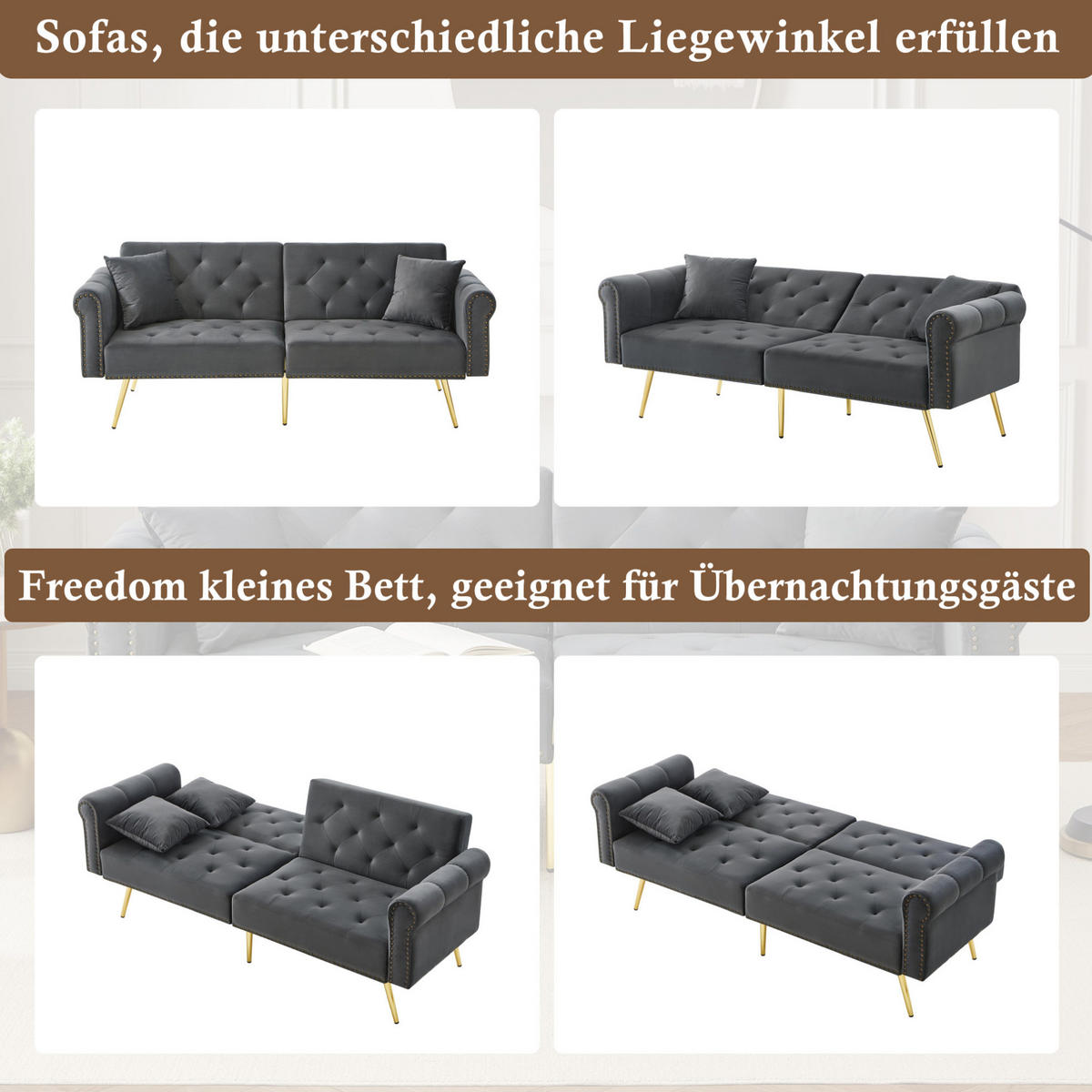 SCHLAFSOFA 2-Sitzer Samt mit 3-fach verstellbarer Rückenlehne Antikgrau 173/75/70 cm - Grau, Textil (70/173/75cm) - Redom