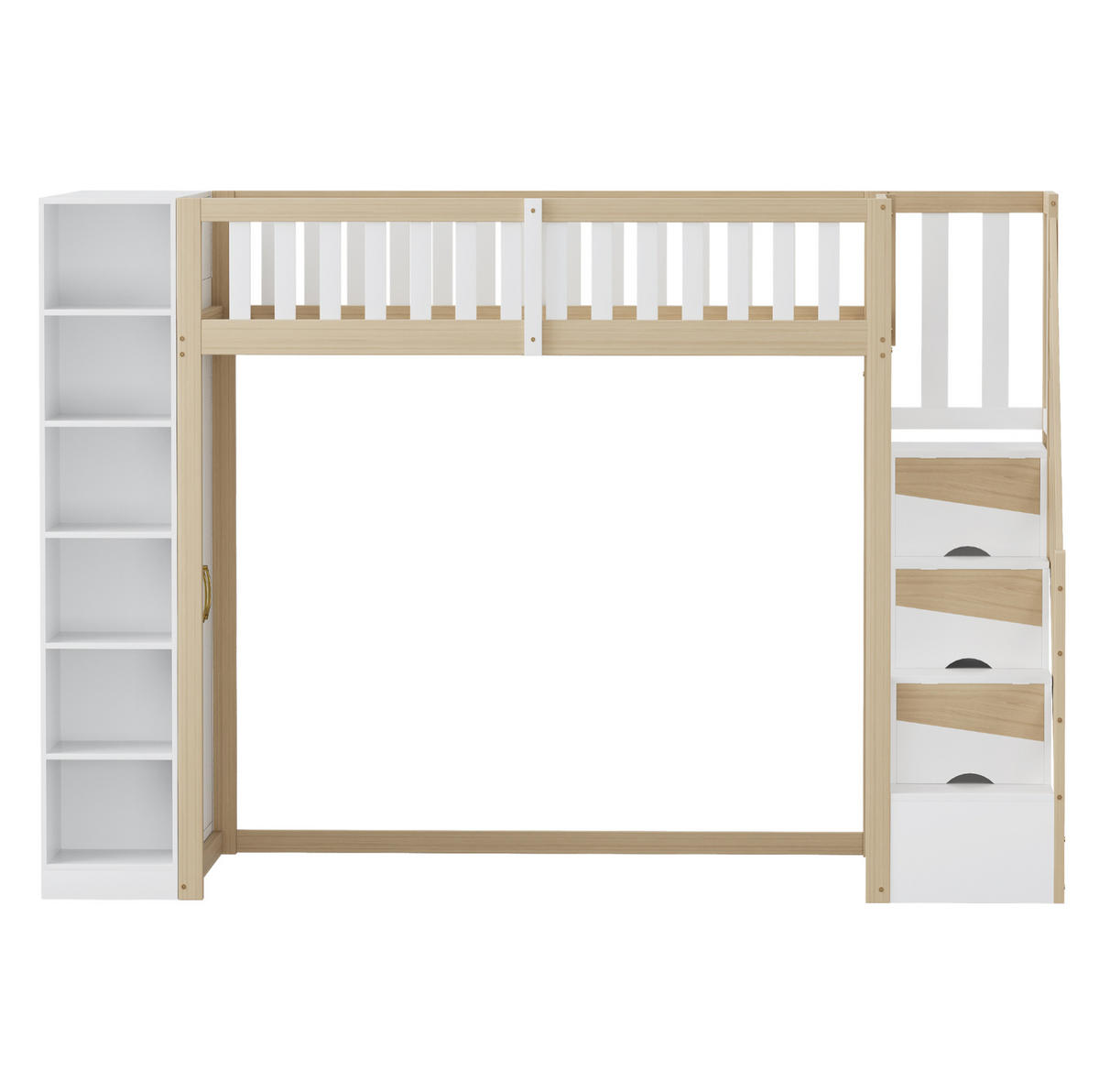 HOCHBETT 90/200 cm mit Kleiderschrank, Regalen und Sicherheitsleiter mit Stauraum, Weiß/Natur - Weiß, Holzwerkstoff (90/200cm) - Redom