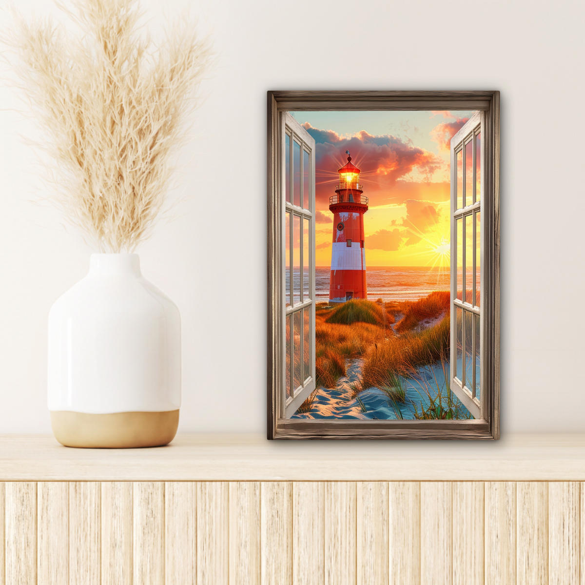 LEINWANDBILD Aussicht - Fenster - Leuchtturm - Sonnenuntergang - Strand Deko Wohnzimmer 20x30 cm - Dunkelorange, Textil (20/30cm) - MuchoWow
