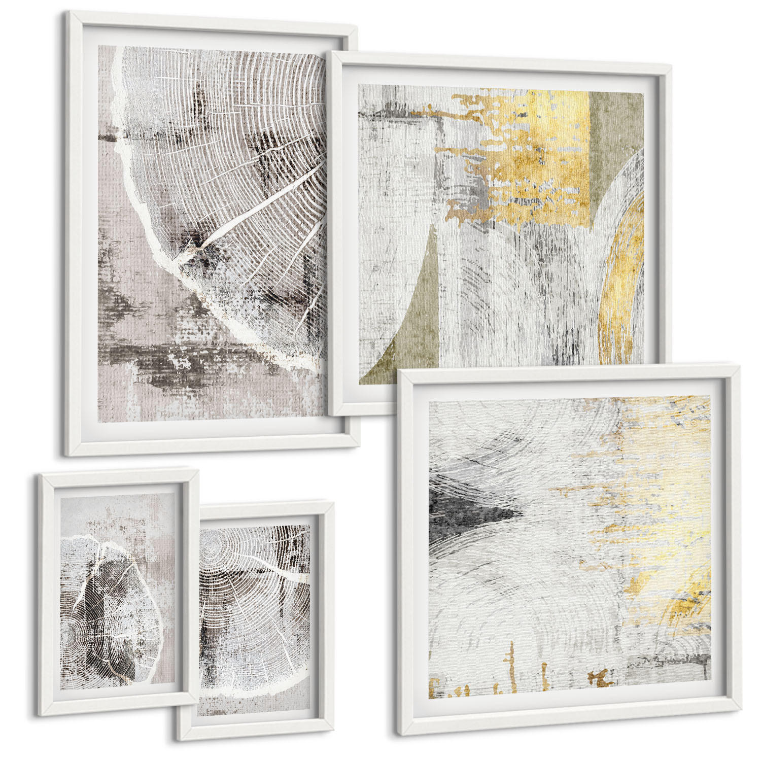 BILDER SET 5er Set - 50x50 cm & 20x30 cm & 40x60 cm Weißer Rahmen - Beige abstrakte Formen Linien - Weiß, Kunststoff (40/60cm) - TULUP