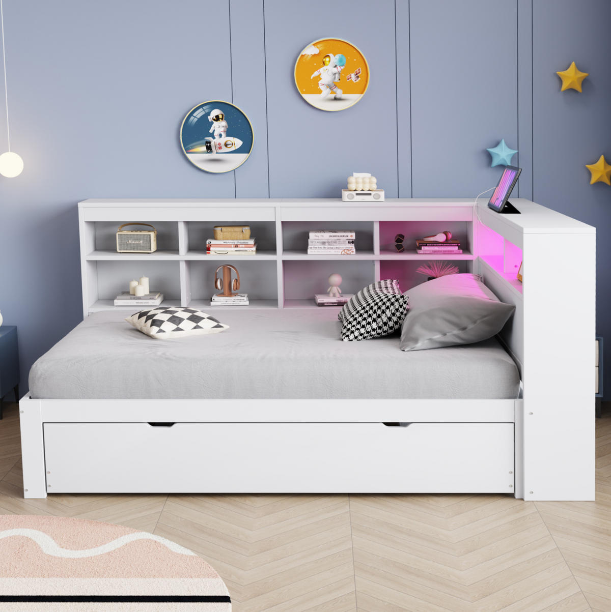SCHLAFSOFA aus Holz 90x200 cm Weiß mit Ausziehbett, USB-Anschluss, LED-Beleuchtung und Stauraum - Weiß, Holzwerkstoff (90/200cm) - IVMEU