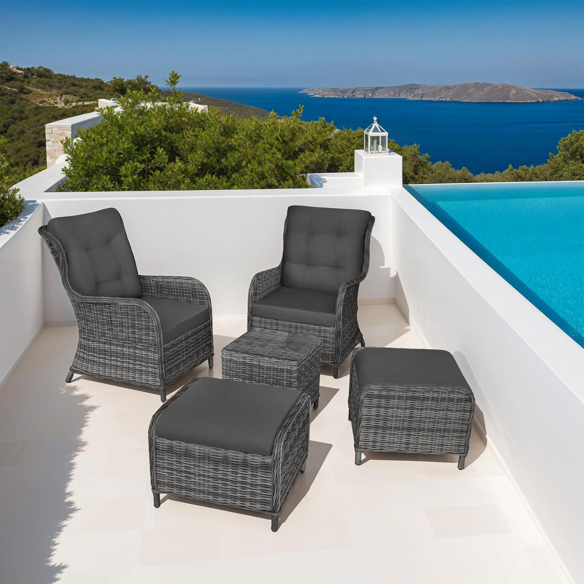 RATTAN SITZGRUPPE Benissa,mit Sicherheitsglasplatte,grau-meliert/grau - Grau, Kunststoff - tectake
