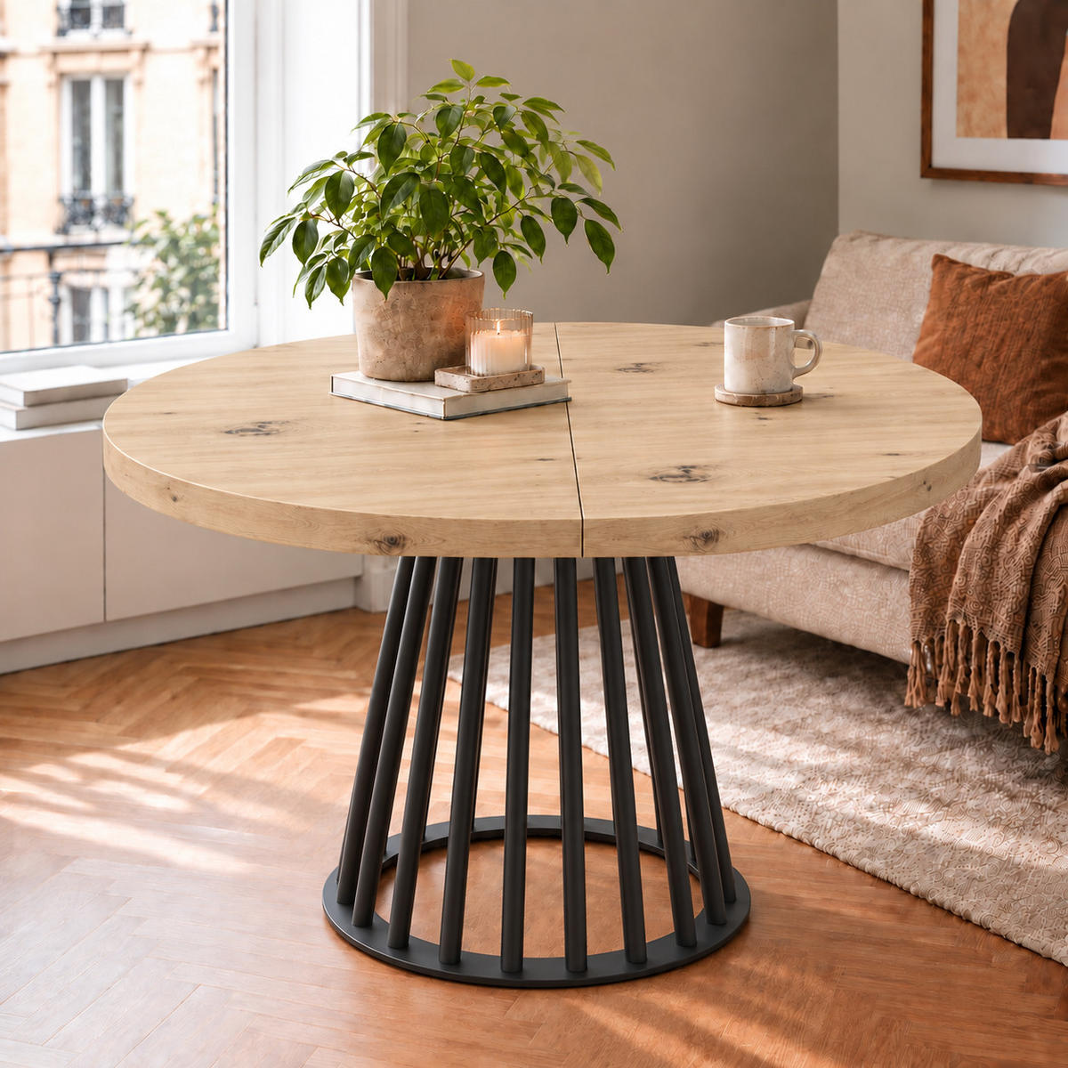 ESSTISCH rund ausziehbar 100/300/76 cm, Eiche Artisan, 54 cm Tischplatte + Lamellen-Metallgestell Schwarz - Schwarz/Eiche Artisan, Holzwerkstoff/Metall (100/300/76cm) - Damale Möbel