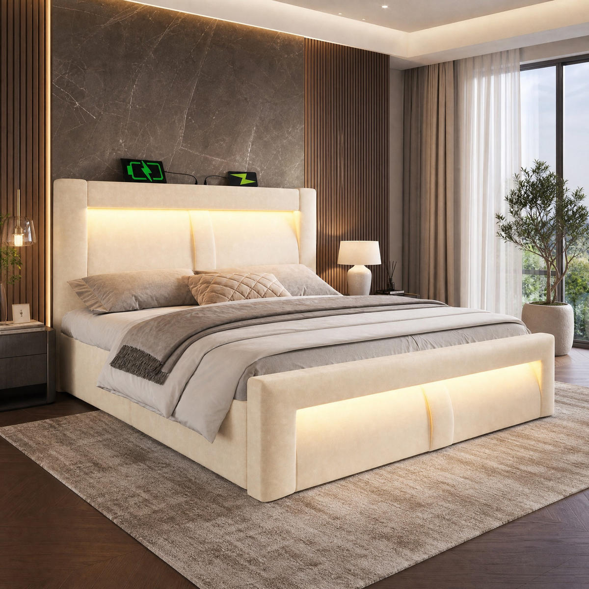 POLSTERBETT 180/200 mit Stauraum, LED und USB-Anschlüssen in Beige - Beige, Holzwerkstoff/Textil (180/200cm) - EVRYAE