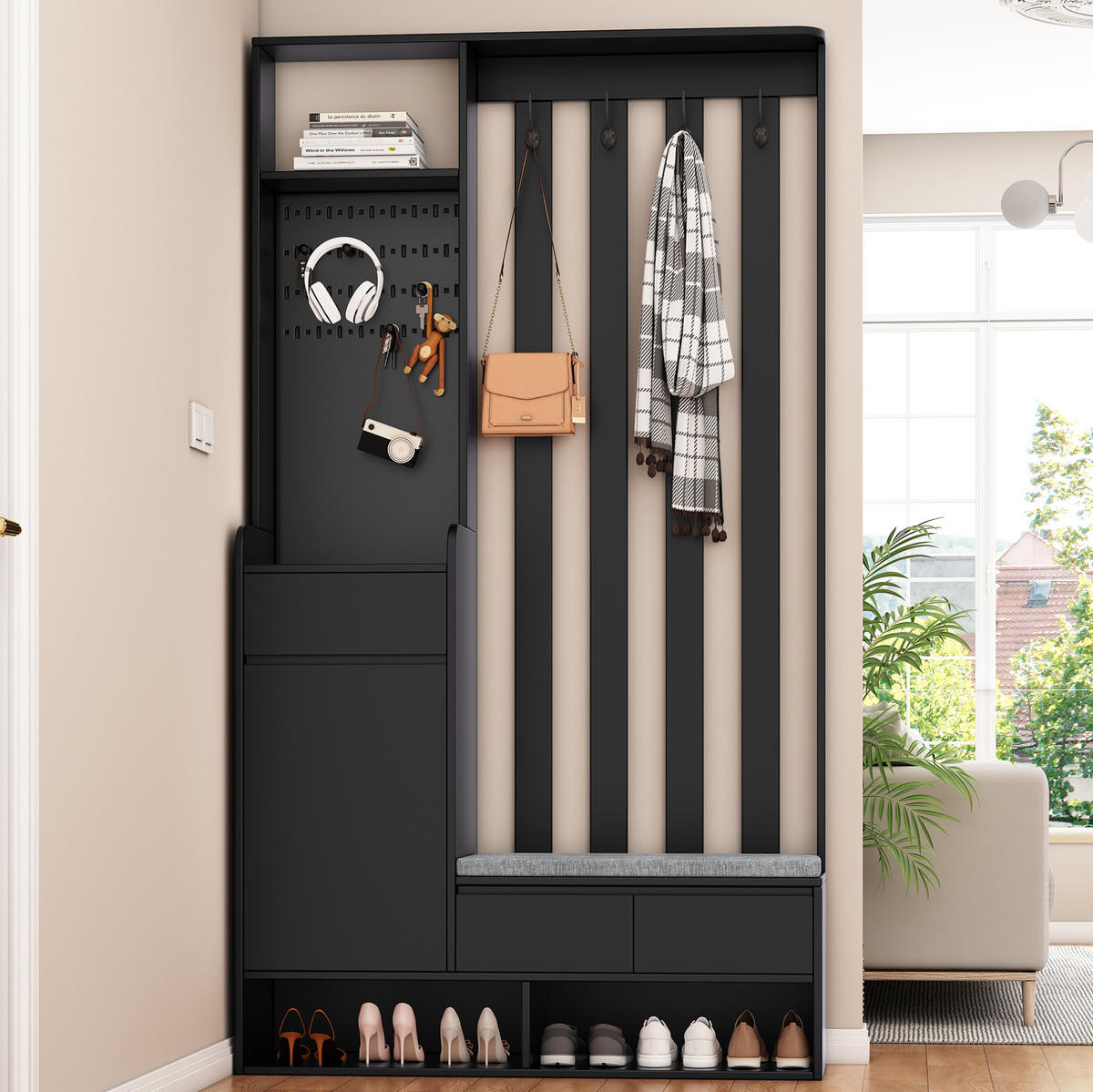 GARDEROBE 100/180/35 cm Schwarz aus MDF mit Sitzbank und Stecktafel - Schwarz, Holzwerkstoff (35/180/100cm) - OKMYHOME