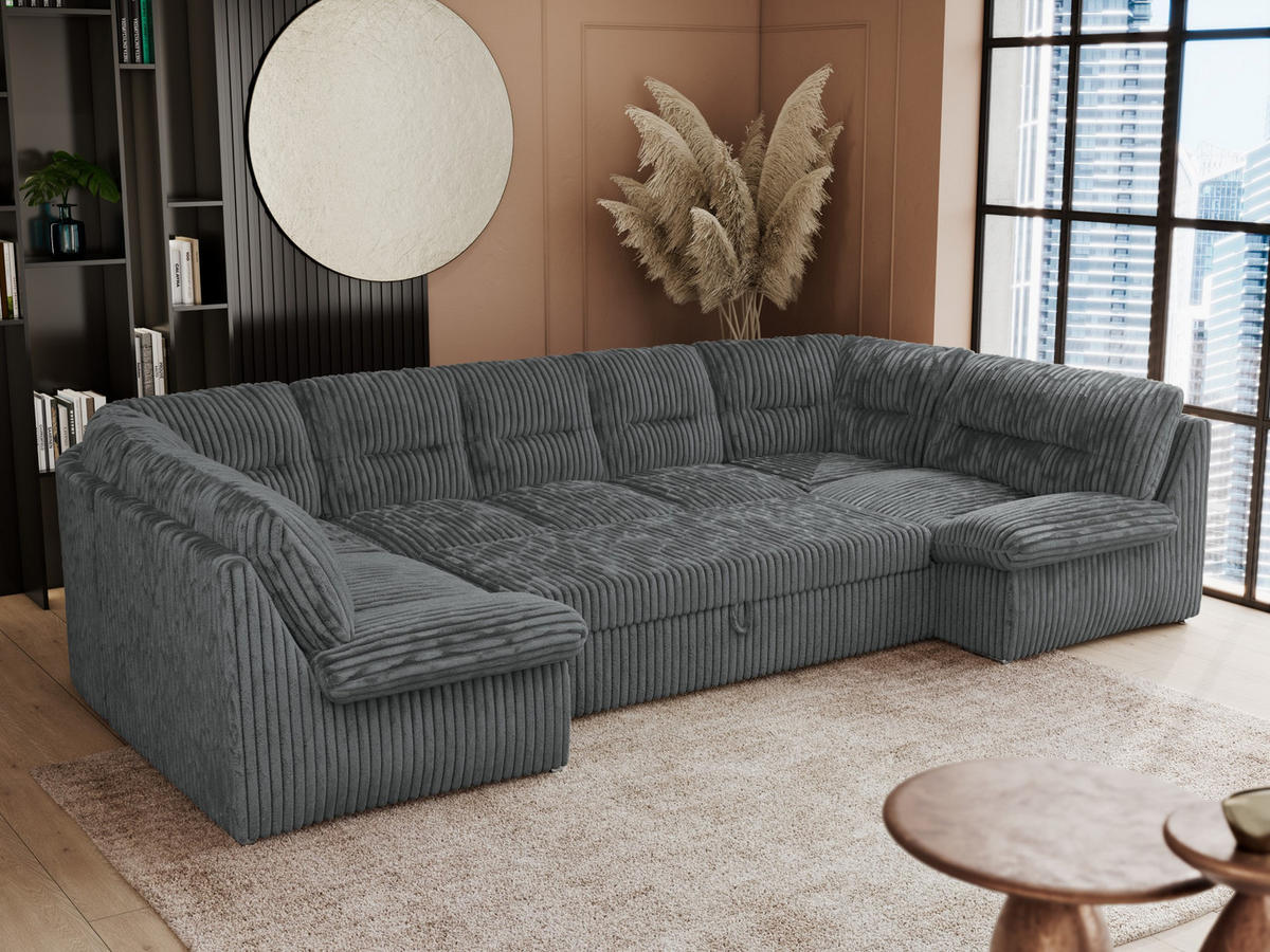 WOHNLANDSCHAFT COMODO U Dunkelgrau Cord - Dunkelgrau/Silberfarben, Textil/Metall (340/93/206cm) - MKS