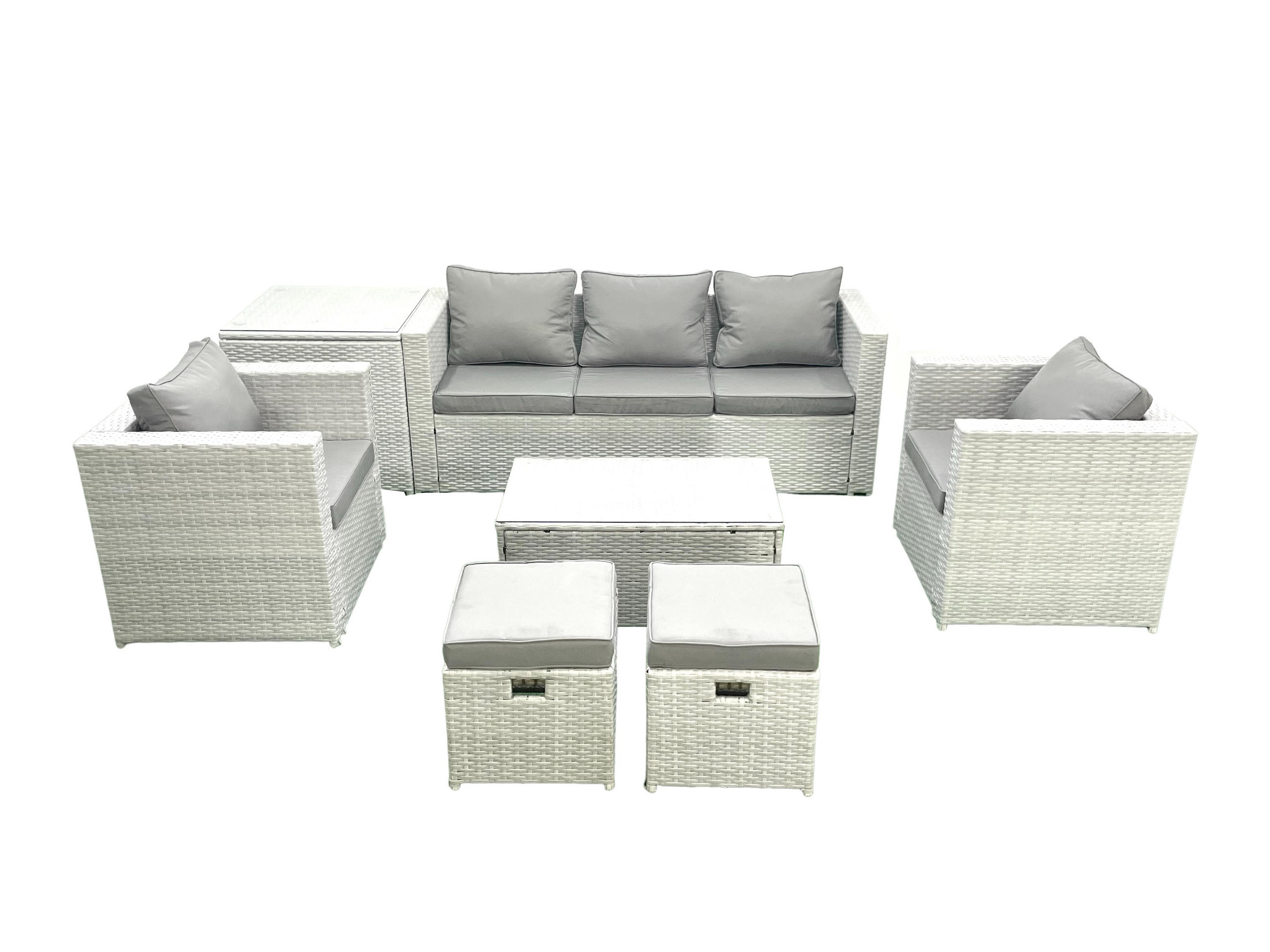 GARTENMÖBELSET mit 3-SITZER SOFA,COUCHTISCH Polyrattan Hellgrau-Mix 7-Sitzer - Hellgrau/Grau, Glas/Kunststoff - Fimous